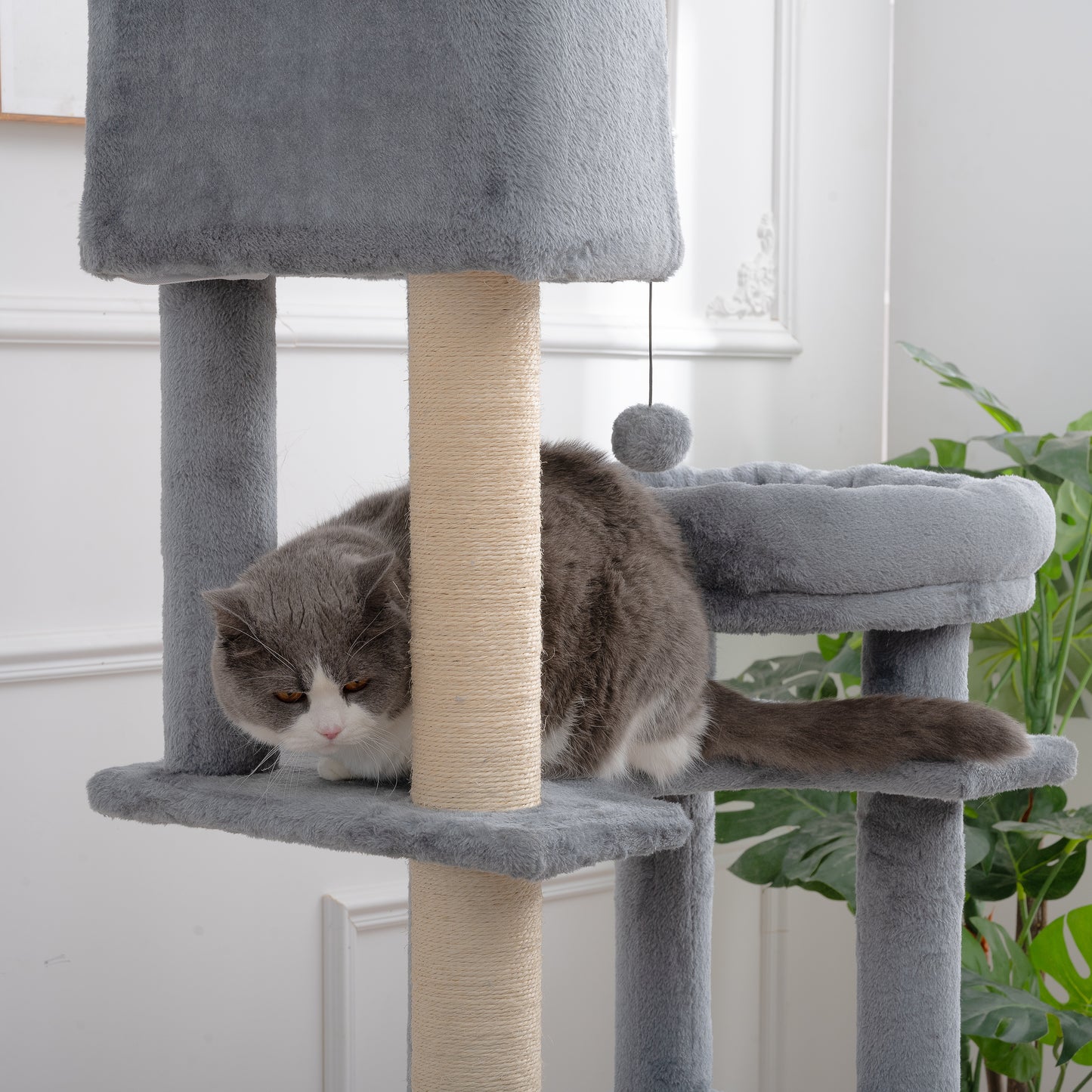 105-Inch Cat Tower for Indoor Cats, Multi-Level Cat Condo with Perches, Caves, Basket, and Scratching Board - Gray Color