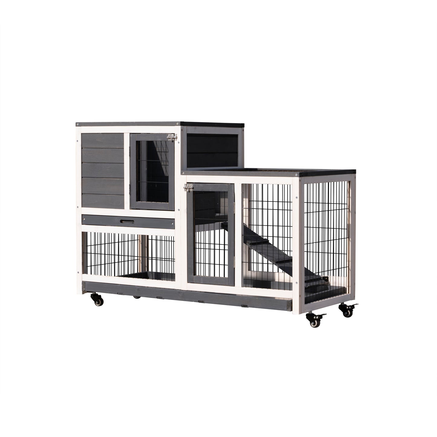 Removable Tray Ramp Wooden Outdoor Rabbit Hutch with Enclosed Run - Ideal for Small Animals - Coop with Running Cage, Wheels, and Ramp (Size and Color Options)