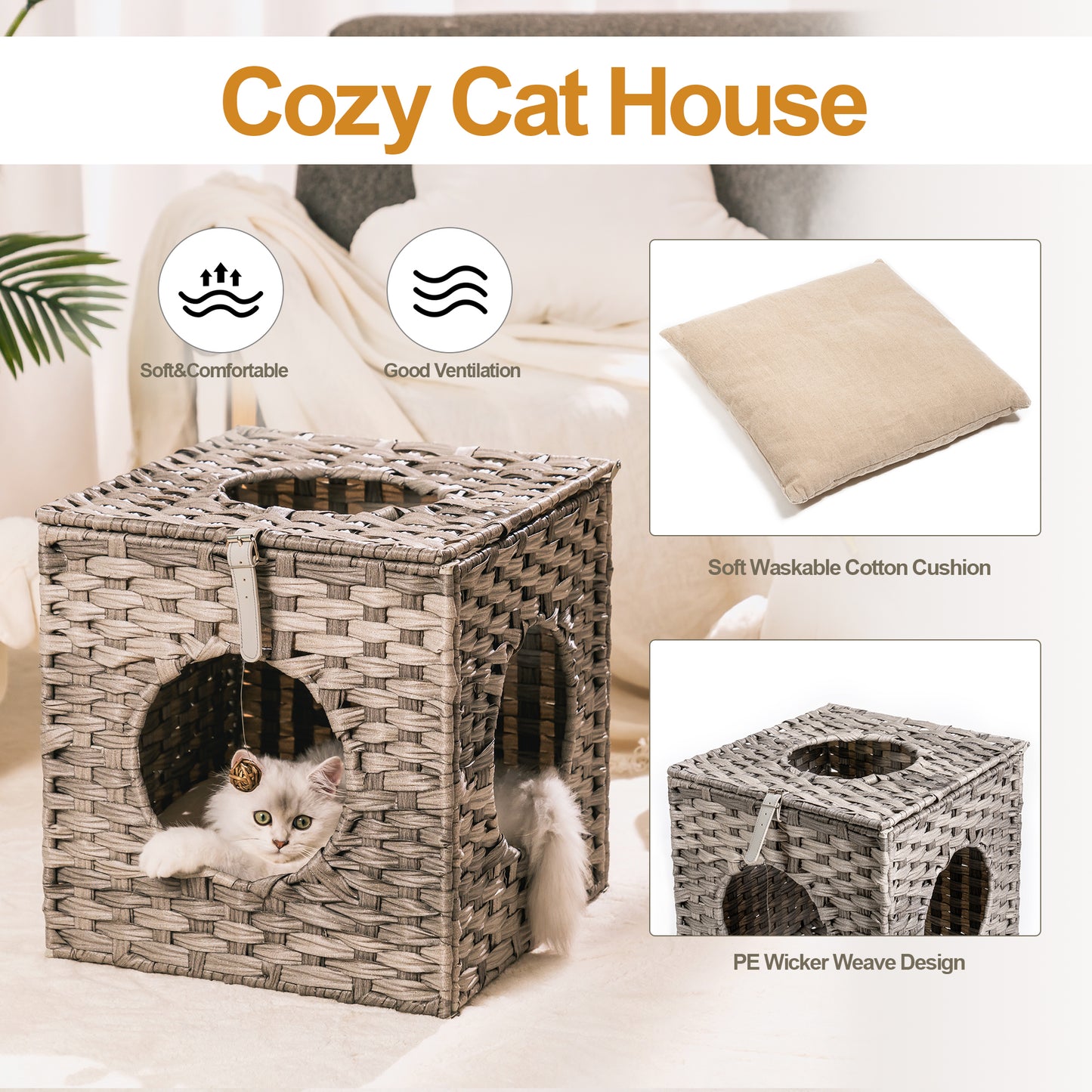 Rattan Cat Litter, Cat Bed with Cushion & Rattan Ball, Grey - Comfortable and Stylish Resting Spot for Your Feline Companion