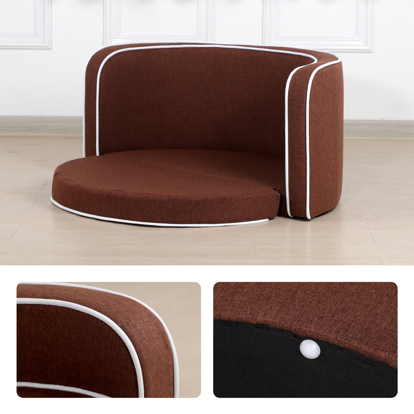 35" Brown Pet Sofa with Wooden Structure, Linen Goods, White Roller Lines, Curved Appearance & Cushion