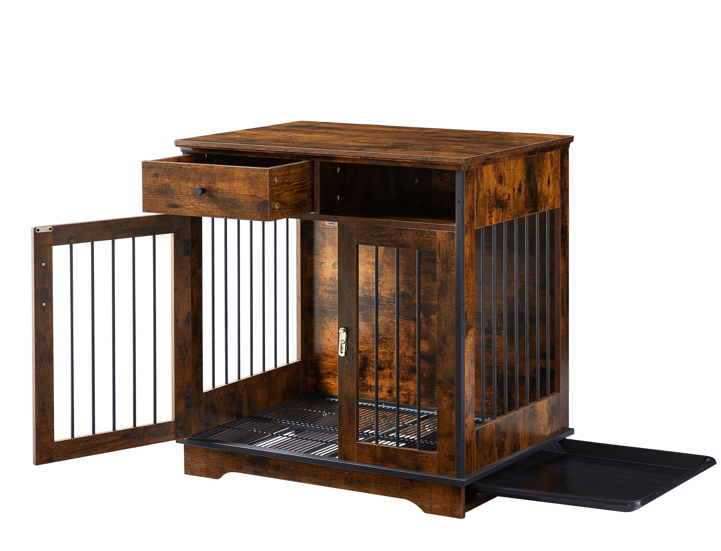 Furniture Dog Crate: Indoor Pet Crate End Tables, Decorative Wooden Kennels with Removable Trays - Rustic Brown, 32.3''W x 22.8''D x 33.5''H