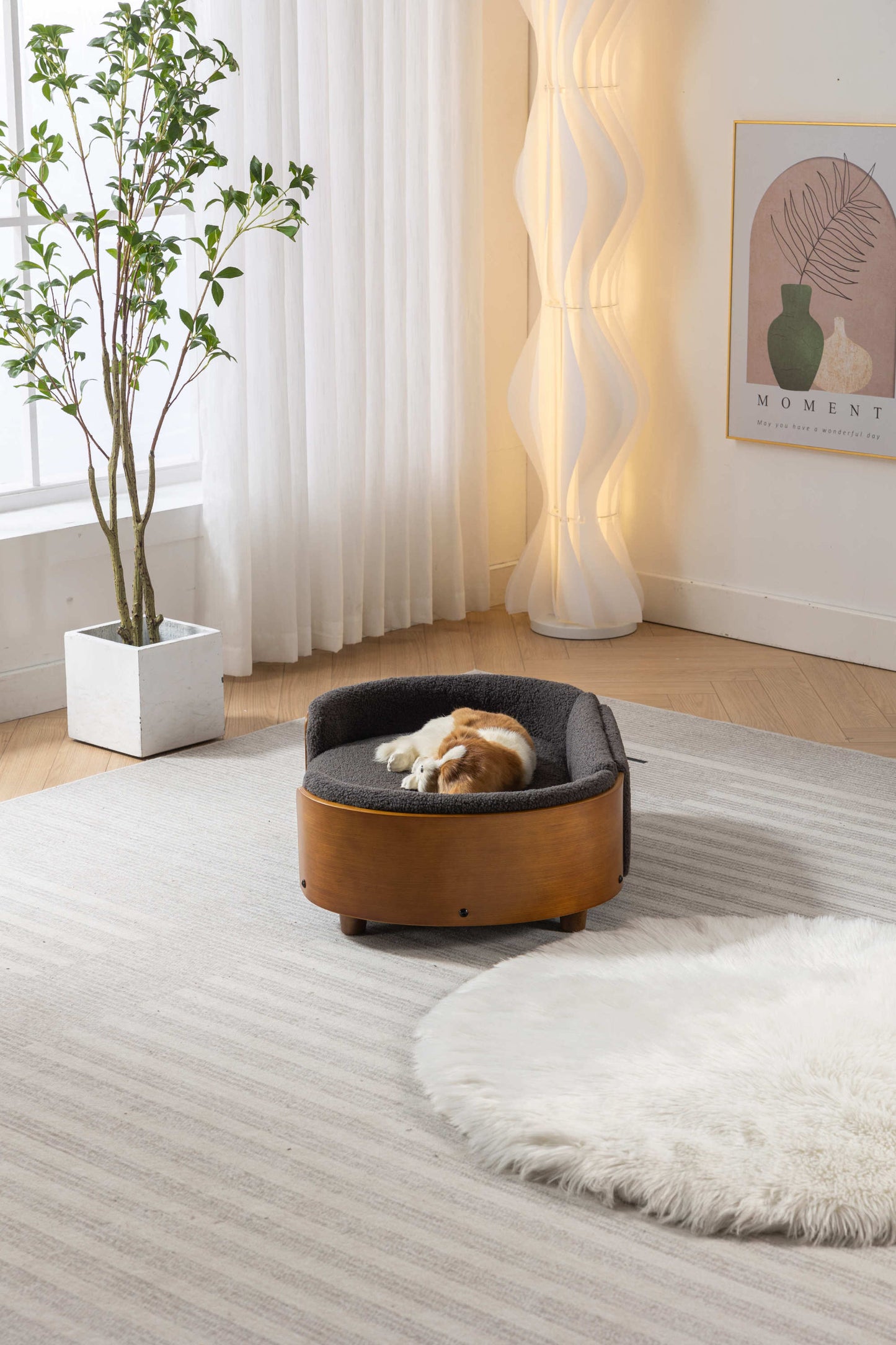 Scandinavian Style Elevated Dog Bed Pet Sofa with Solid Wood Legs, Walnut Bent Wood Back, Cashmere Cushion - Mid Size