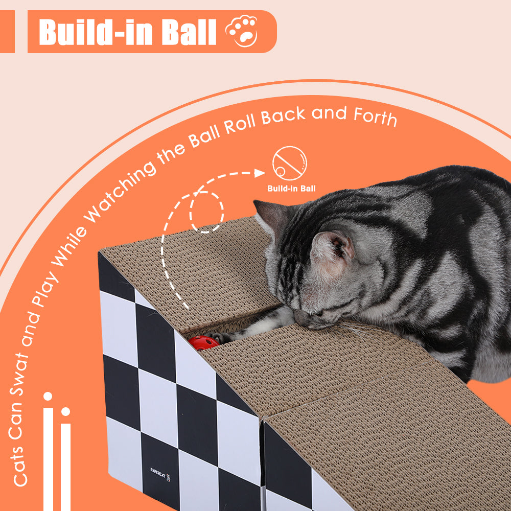 Cat Scratching Board with Ball, Triangle Cardboard, Multiple Angles, 2-in-1 Lounge Bed, Recyclable & Durable, Furniture Protector, Black & White