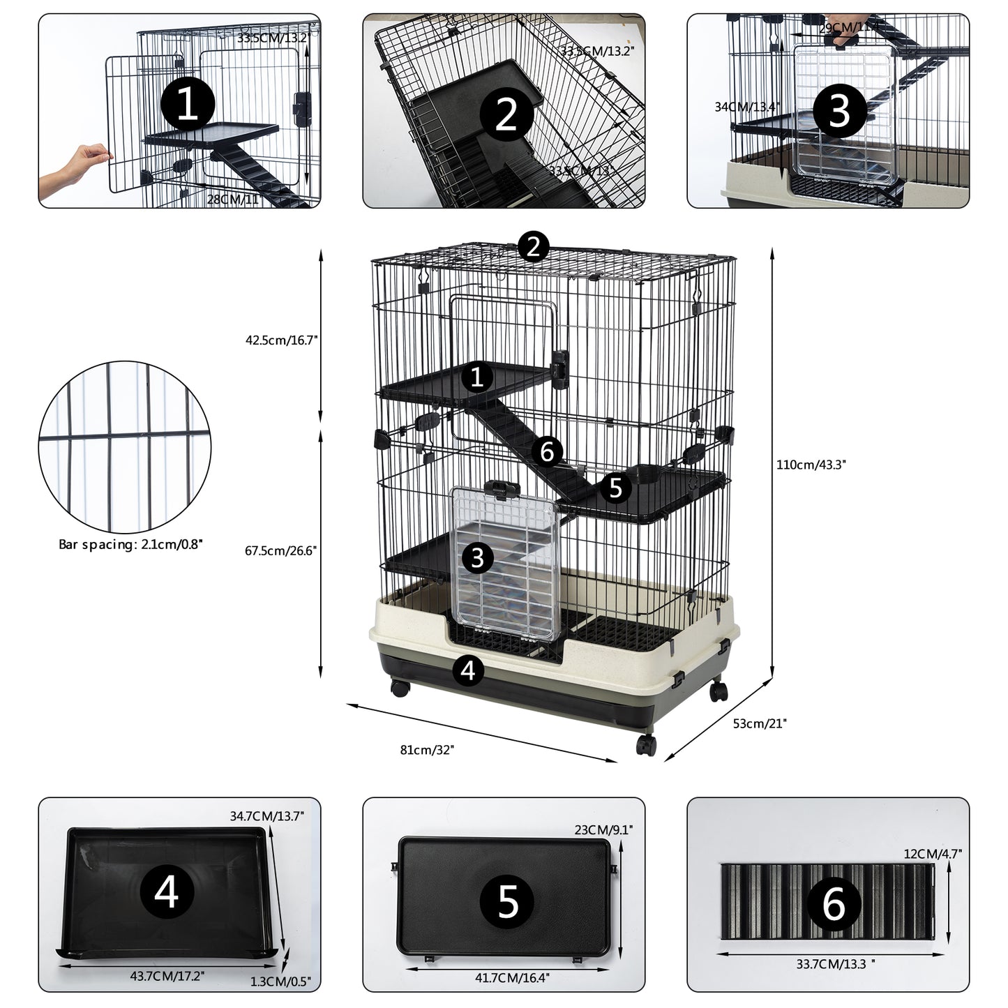 4-Tier 32" Small Animal Cage, Height Adjustable with Lockable Casters, Grilles & Pull-out Tray for Rabbit, Chinchilla, Ferret, Bunny, Guinea Pig, Squirrel, Hedgehog - Black