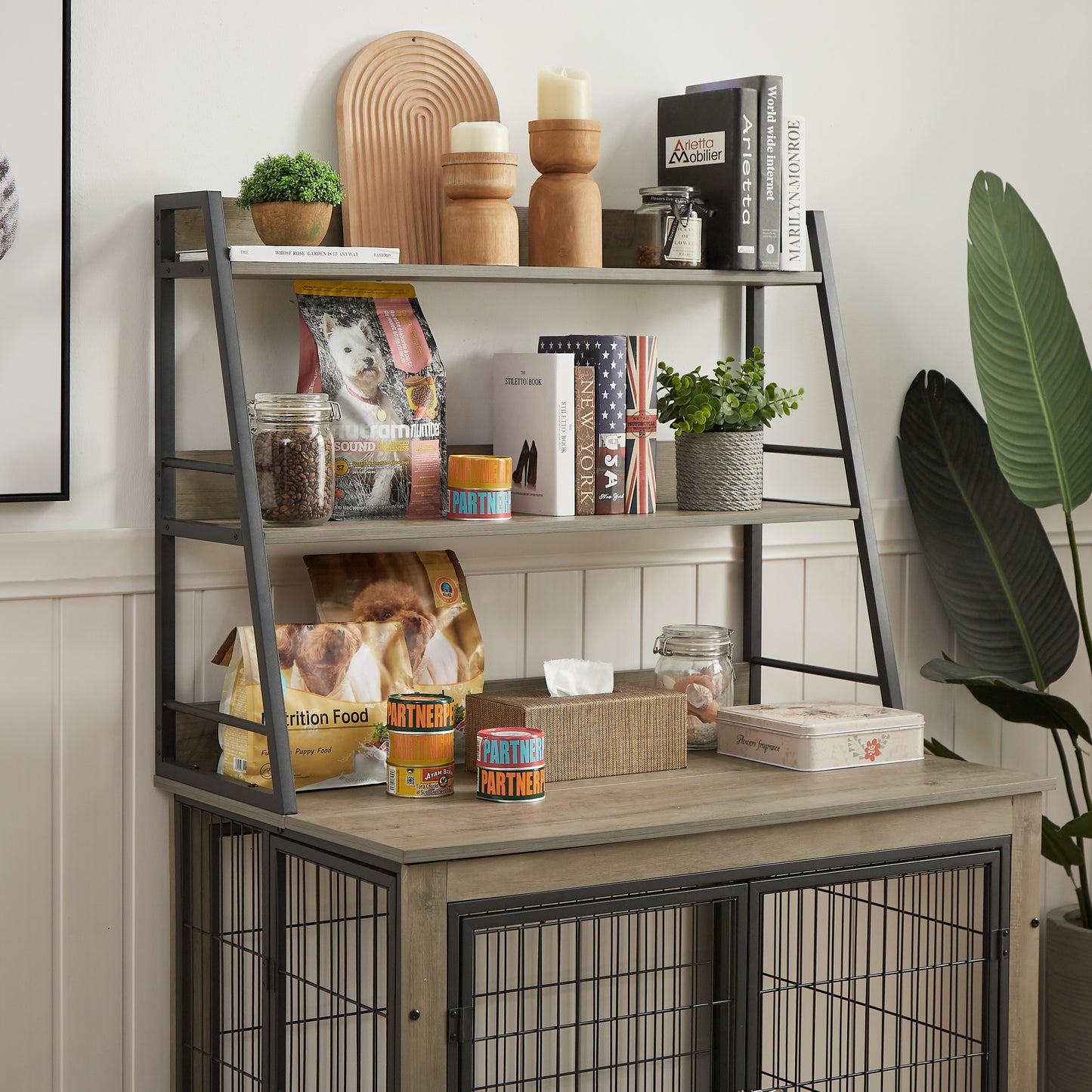 Furniture Style Dog Crate Side Table with Shelves, Double Doors, and Raised Roof - Grey, 38.58''W x 25.5''D x 57''H