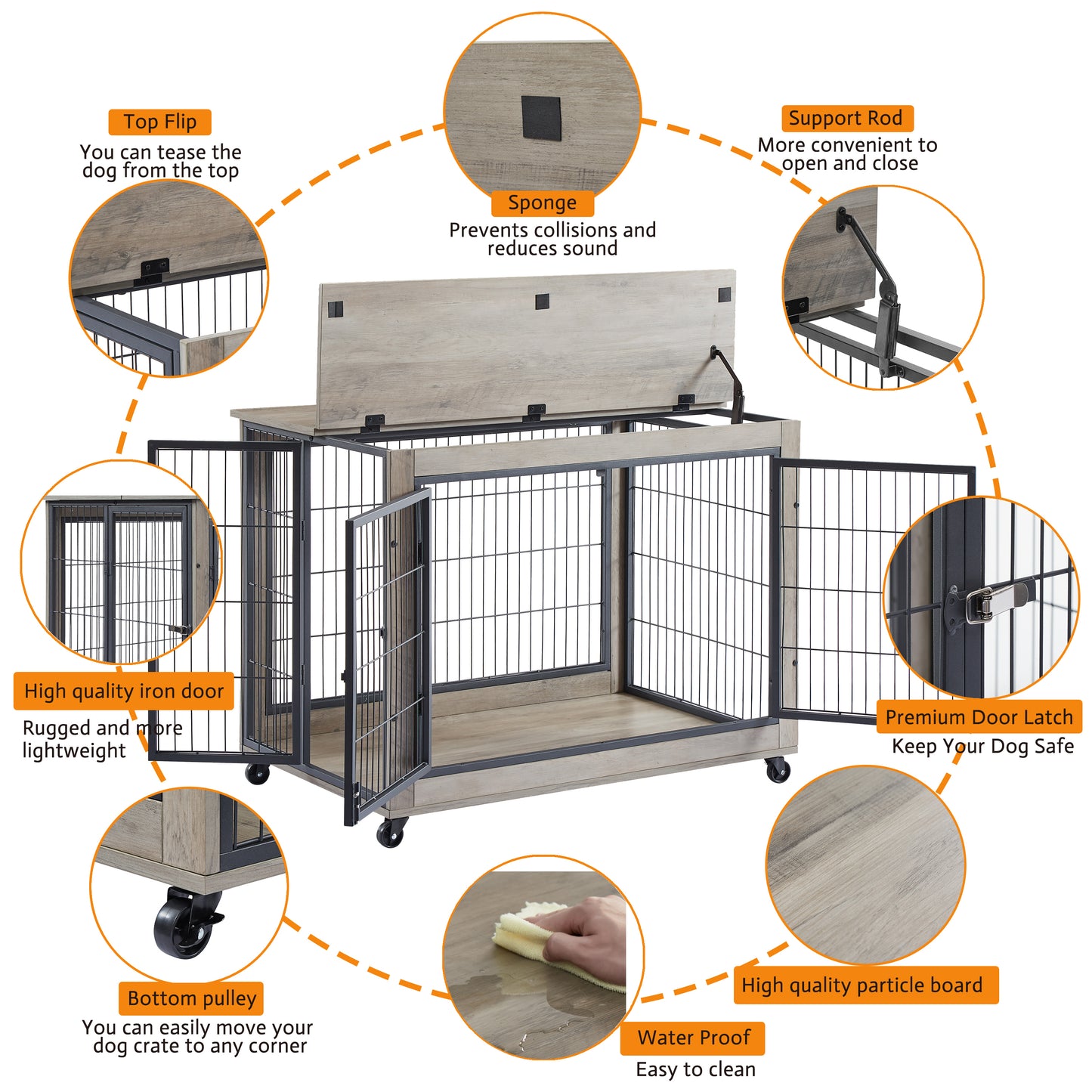 Furniture Style Dog Crate Side Table on Wheels: Double Doors & Lift Top | Grey | 38.58''w x 25.5''d x 27.36''h