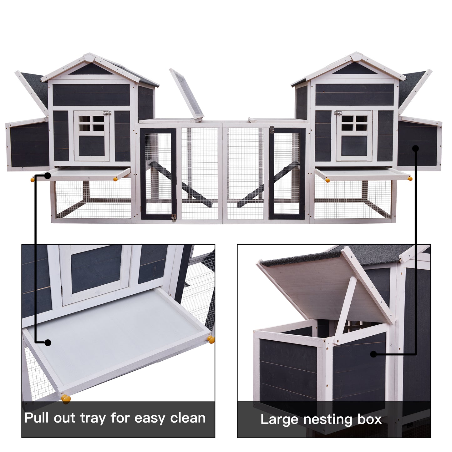 Outdoor Wooden Chicken Coop, 124" Large Hen Cage Rabbit House, Bunny Hutch with Ventilation Door, Removable Ramp, Chicken Nesting Box - Gray+White