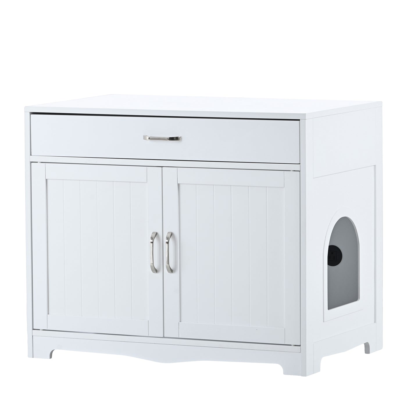 Litter Box Enclosure: Cat Furniture with Hidden Plug, 2 Doors, Indoor Washroom Storage Bench Side Table, Large Wooden House, White