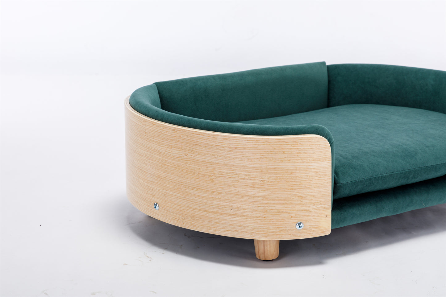 Scandinavian Style Elevated Dog Bed Pet Sofa: Solid Wood Legs, Bent Wood Back, Velvet Cushion - Mid Size, Dark Green