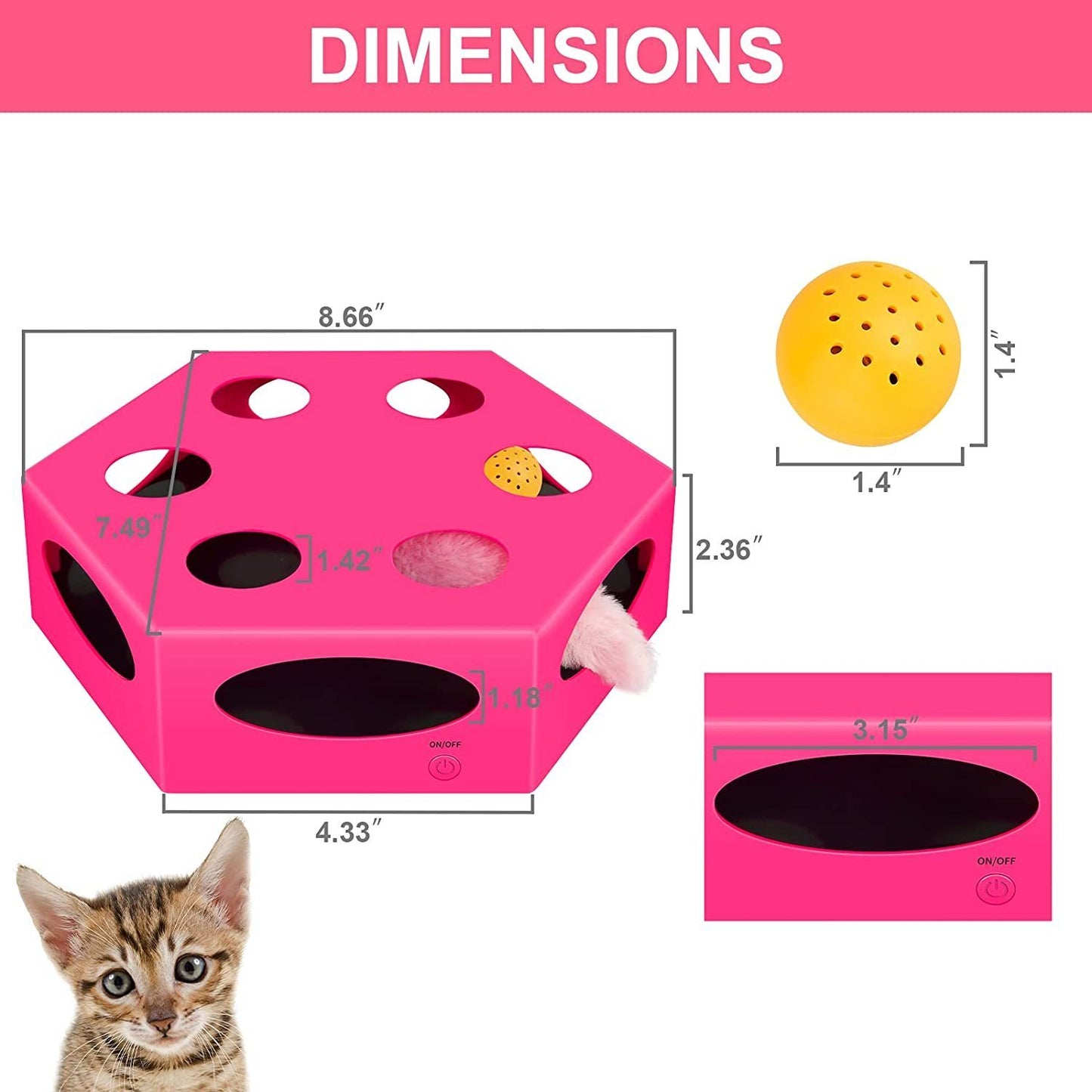 FluffyDream Interactive Cat Maze Box Toy: Electrical Exercise Teaser with Plush Tail & Ball, Bells, Fluffy Toys - Indoor Cats, Pets, Kitten, Kitty - Pink