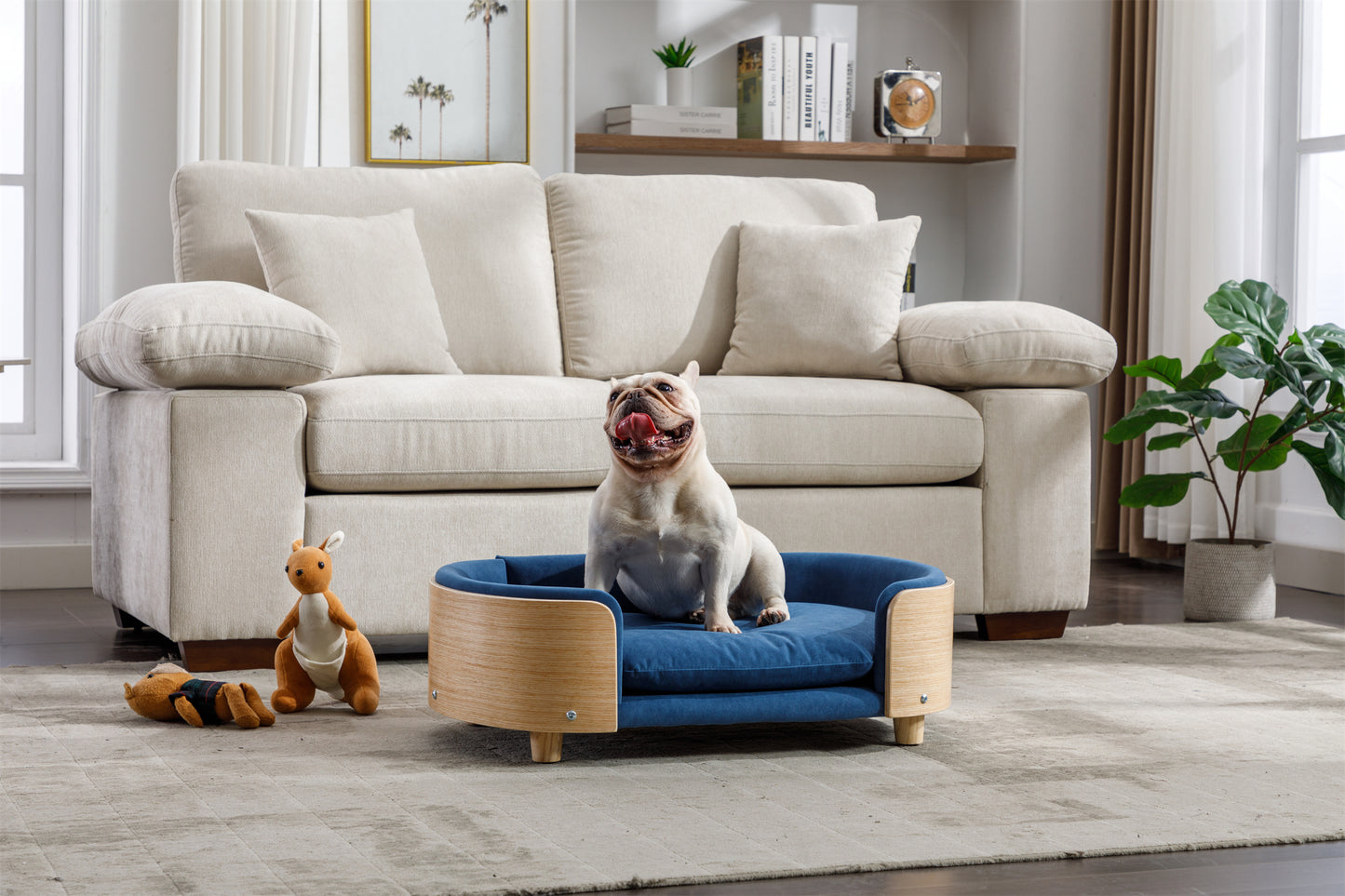 Scandinavian Style Elevated Dog Bed Pet Sofa with Solid Wood Legs, Bent Wood Back, and Velvet Cushion - Mid Size, Dark Blue