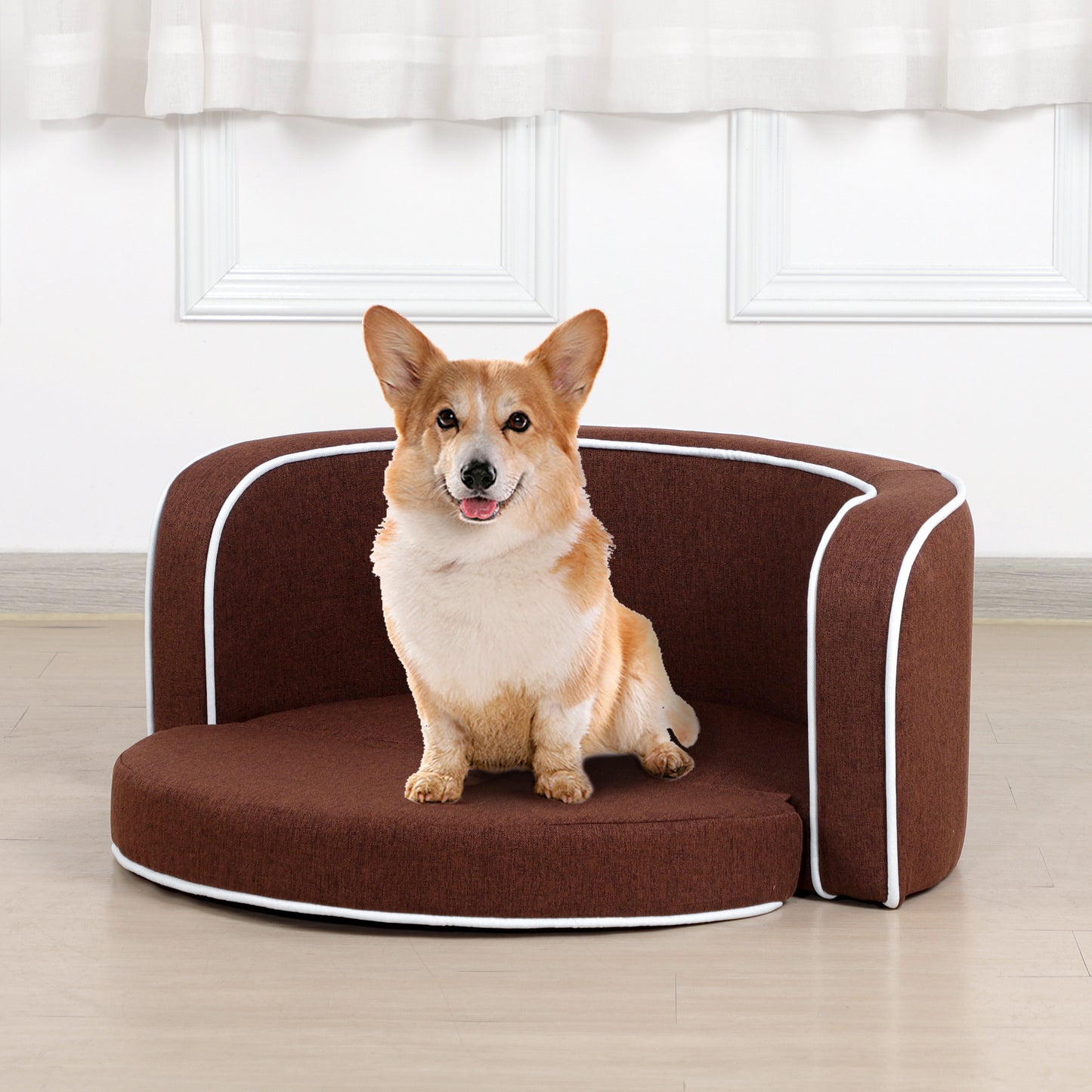 30" Brown Round Pet Sofa - Wooden Structure, Linen Goods, White Roller Lines on Edges - Curved Appearance with Cushion