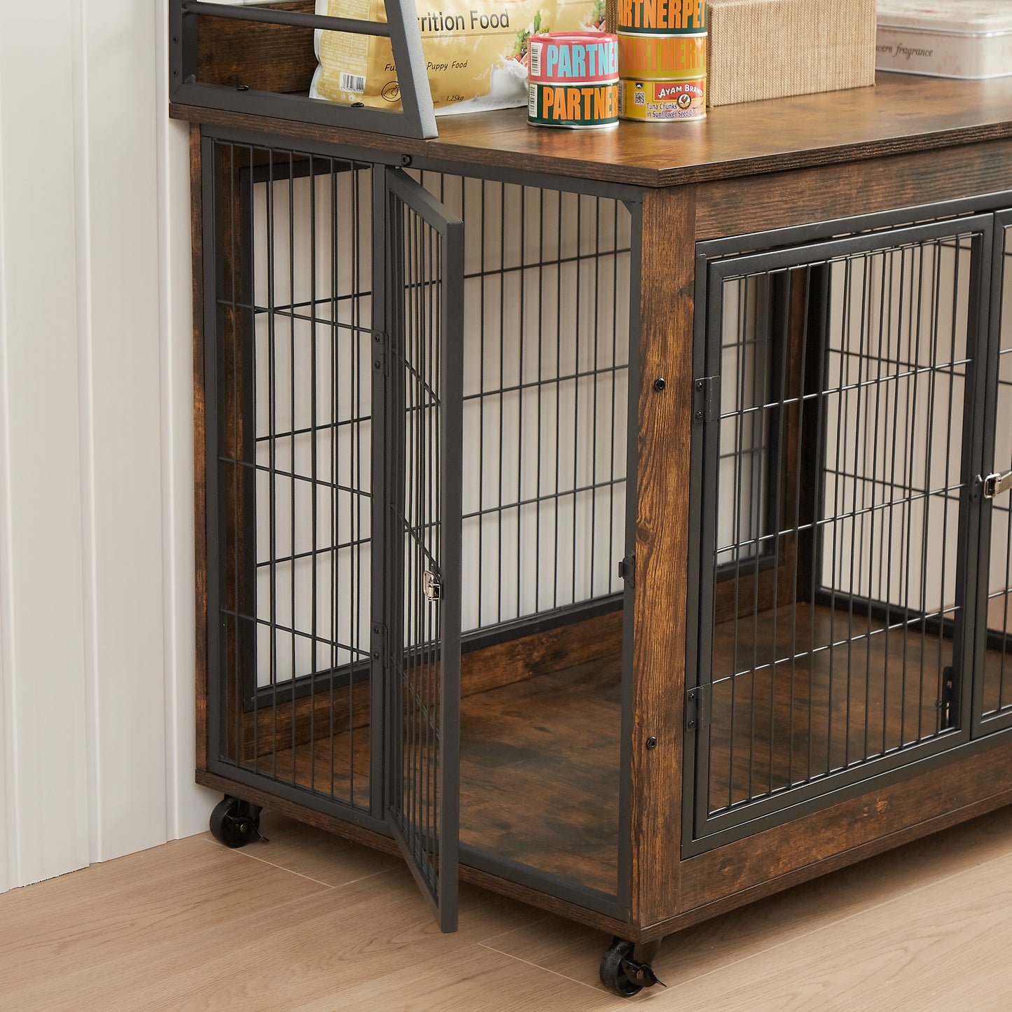 Furniture Style Dog Crate Side Table with Shelves, Double Doors & Raised Roof - Rustic Brown, 38.58''W x 25.5''D x 57''H