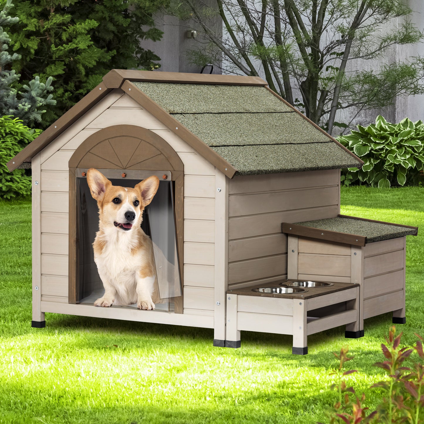 Outdoor Fir Wood Dog House with Open Roof for Small to Medium Dogs | Storage Box, Elevated Feeding Station with 2 Bowls | Weatherproof Asphalt Roof & Treated Wood | Size Options Available