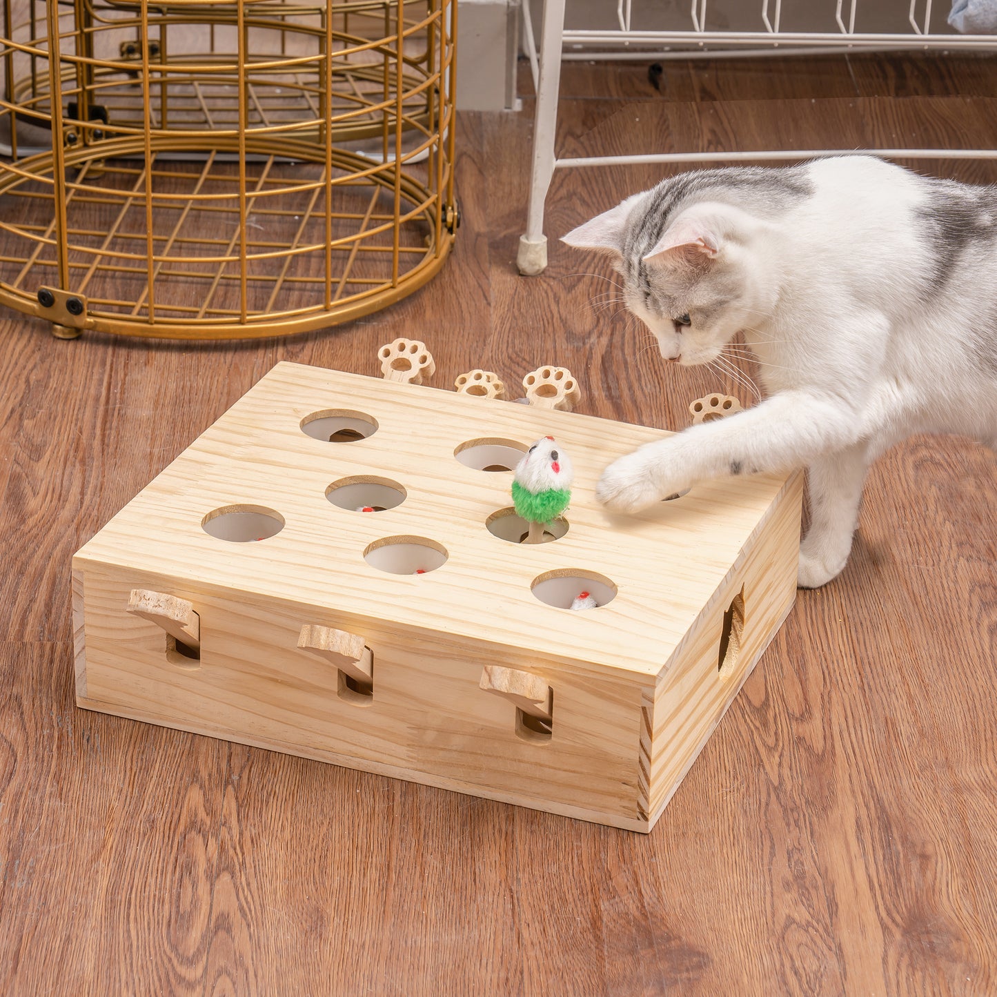 Interactive Whack-a-mole Solid Wood Cat Toy for Endless Fun, Stimulating Exercise, and Mental Stimulation - Suitable for Cats of All Sizes, Natural Wood Color