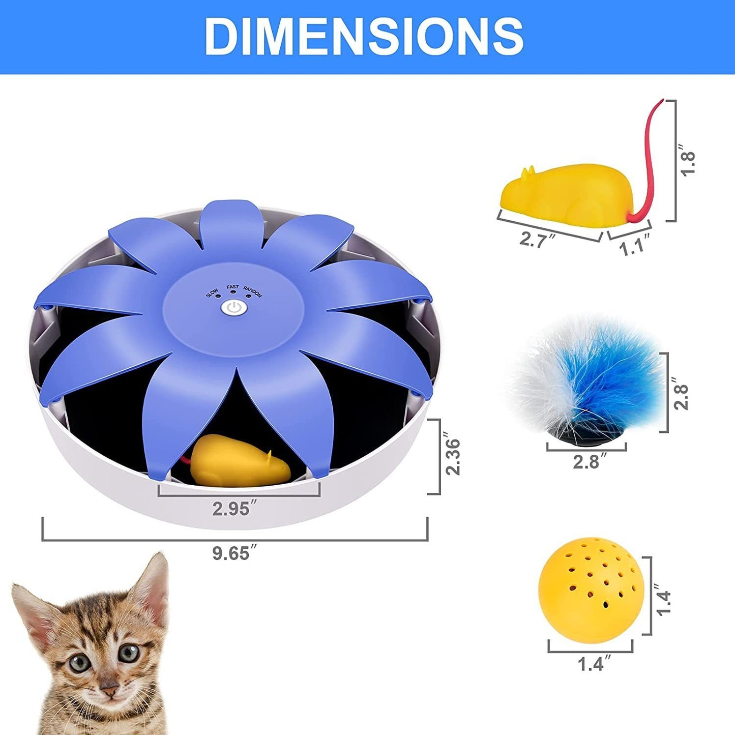 FluffyDream Electric Magnetic Spinning Cat Toy, Interactive Exercise Teaser with Emulational Mouse, Fluffy Tails, for Indoor Cats, Pets - 9.65” x 9.65” x 2.36”