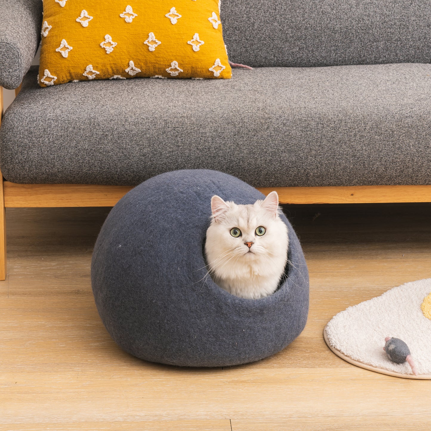 Cat Cave Bed - Handmade Wool Cat Bed Cave with Mouse Toy, Cozy and Durable, Available in Various Sizes and Colors