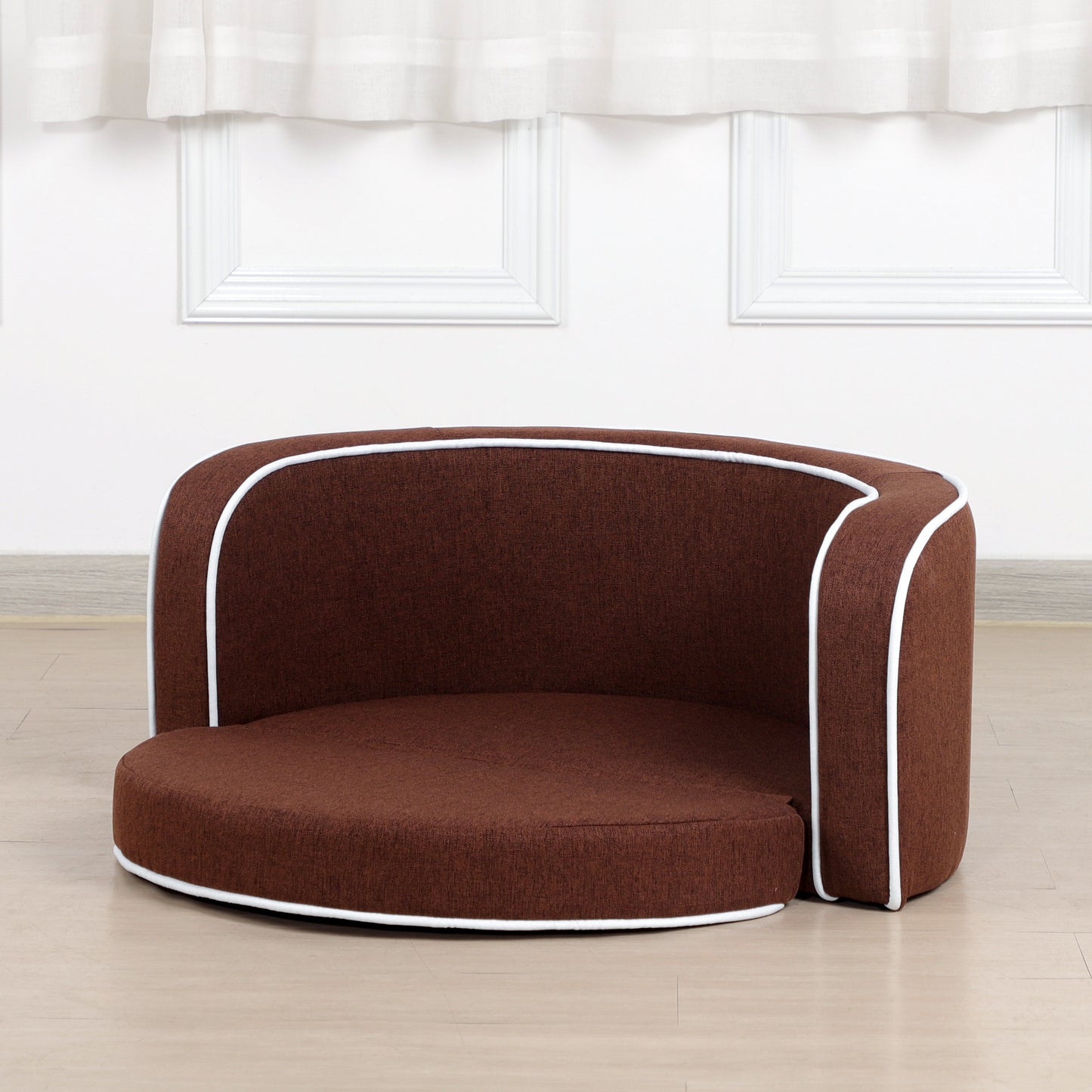 30" Brown Round Pet Sofa - Wooden Structure, Linen Goods, White Roller Lines on Edges - Curved Appearance with Cushion