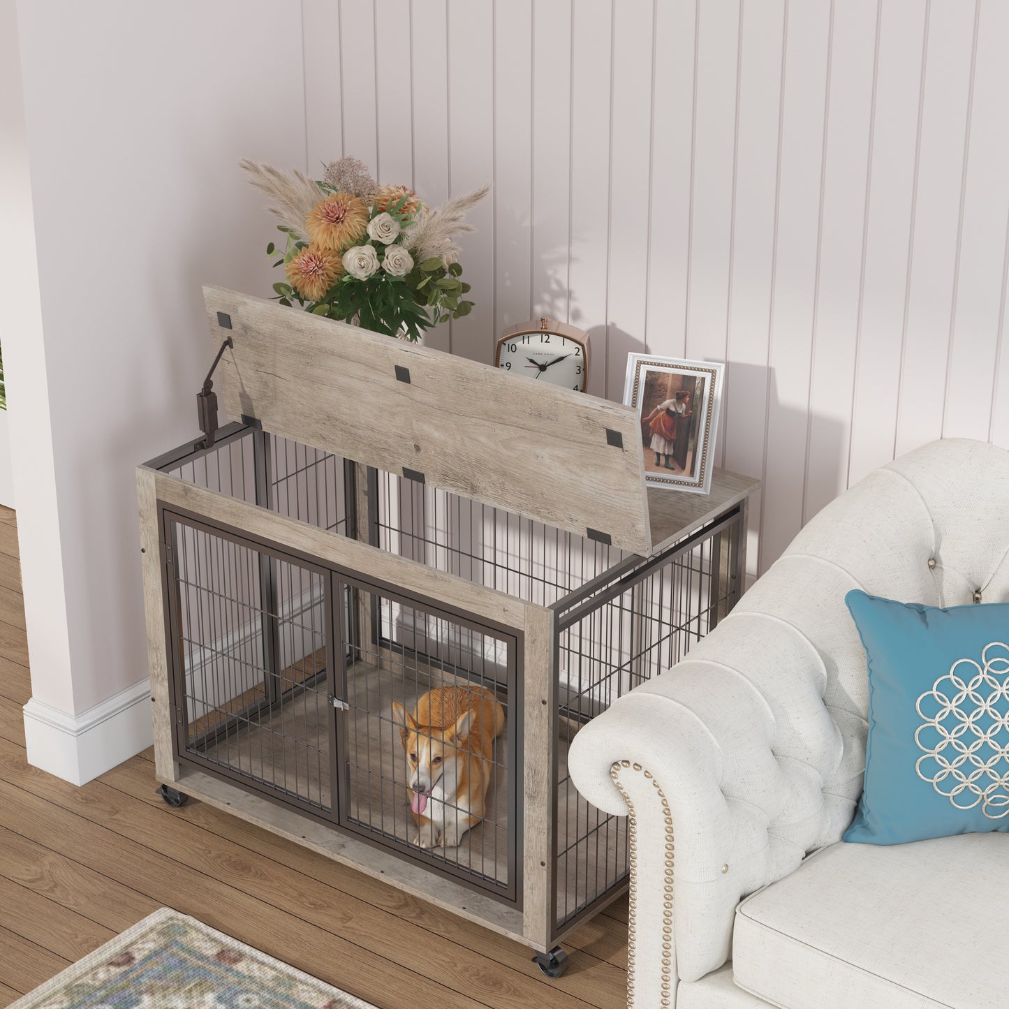 Furniture Style Dog Crate Side Table on Wheels: Double Doors & Lift Top | Grey | 38.58''w x 25.5''d x 27.36''h