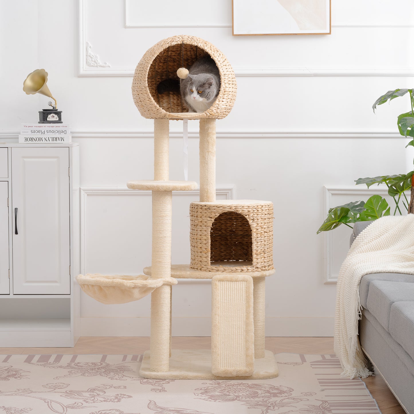 59-Inch Cat Tower for Indoor Cats, Plush Multi-Level Cat Condo with 2 Perches, 2 Caves, Cozy Basket and Scratching Board, Beige