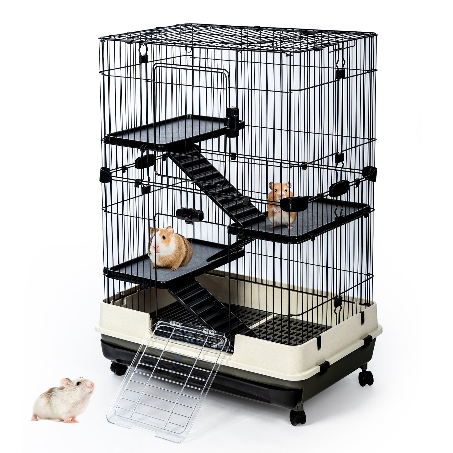 4-Tier 32" Small Animal Cage, Height Adjustable with Lockable Casters, Grilles & Pull-out Tray for Rabbit, Chinchilla, Ferret, Bunny, Guinea Pig, Squirrel, Hedgehog - Black