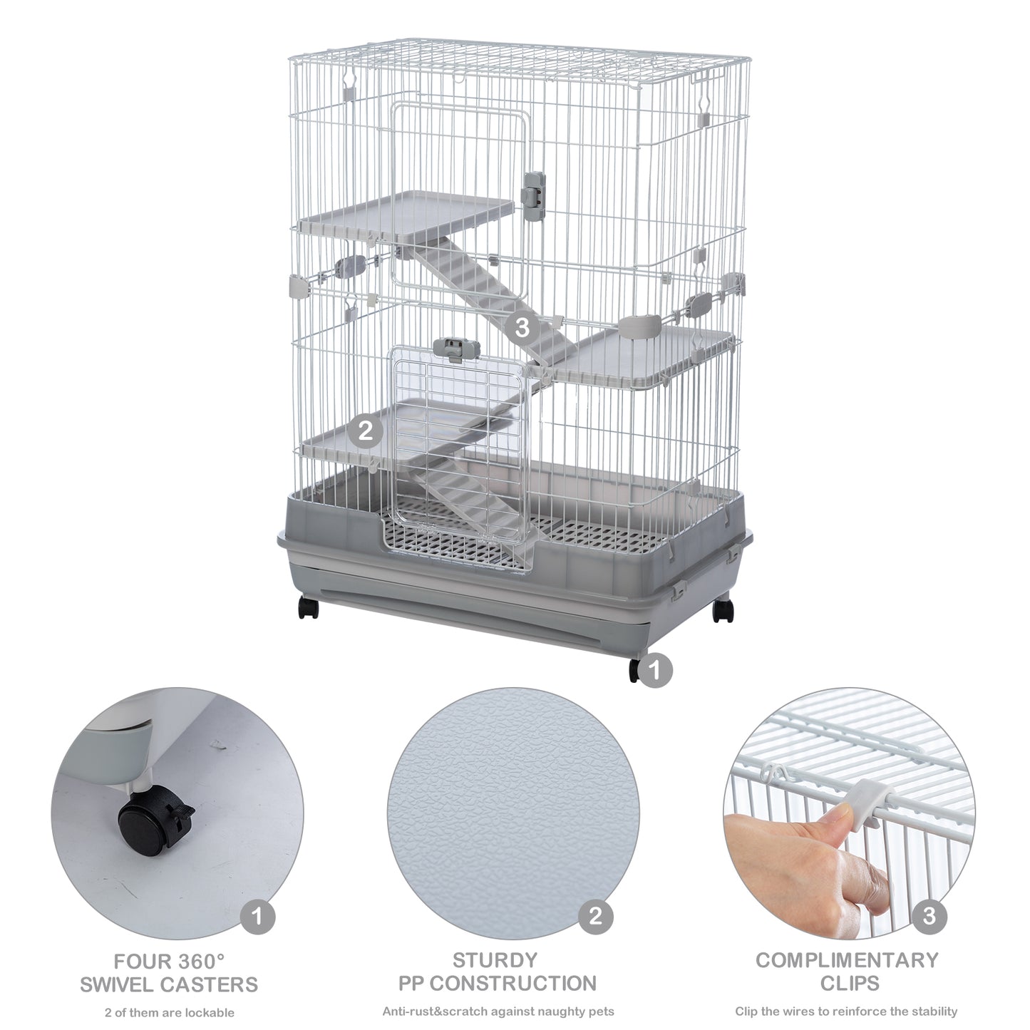 4-Tier 32" Small Animal Metal Cage, Height Adjustable with Lockable Casters, Grilles, Pull-out Tray for Rabbit, Chinchilla, Ferret, Bunny, Guinea Pig, Squirrel, Hedgehog (Grey)