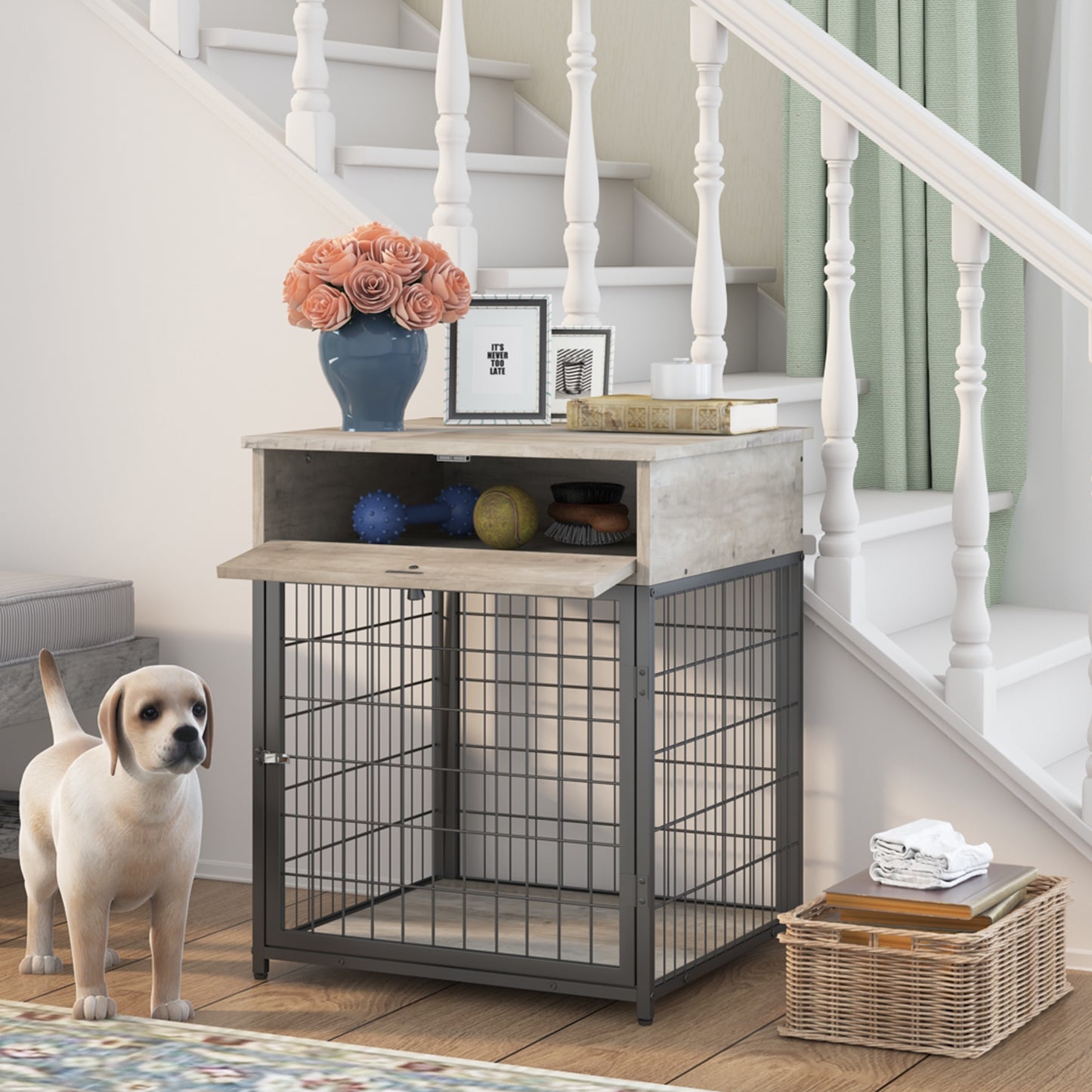 Furniture Style Wood Dog Crate End Table with Storage Console - Grey, 19.69'' W x 22.83'' D x 26.97'' H: Stylish and Functional Pet Crate with Ample Storage Space