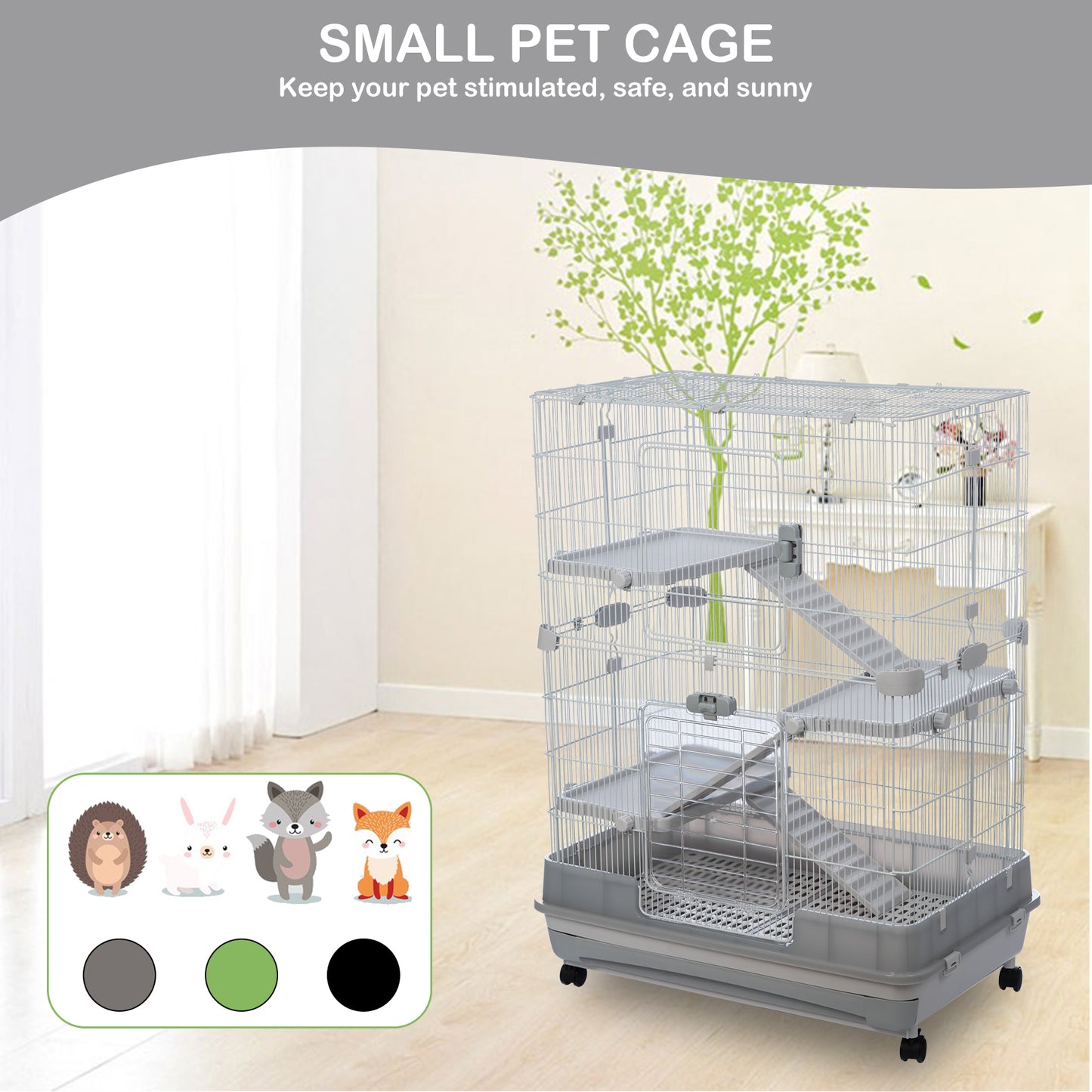 4-Tier 32" Small Animal Metal Cage | Height Adjustable, Lockable Top-Openings | Removable for Rabbit Chinchilla Ferret Bunny Guinea Pig | Suitable for Hamsters | Grey