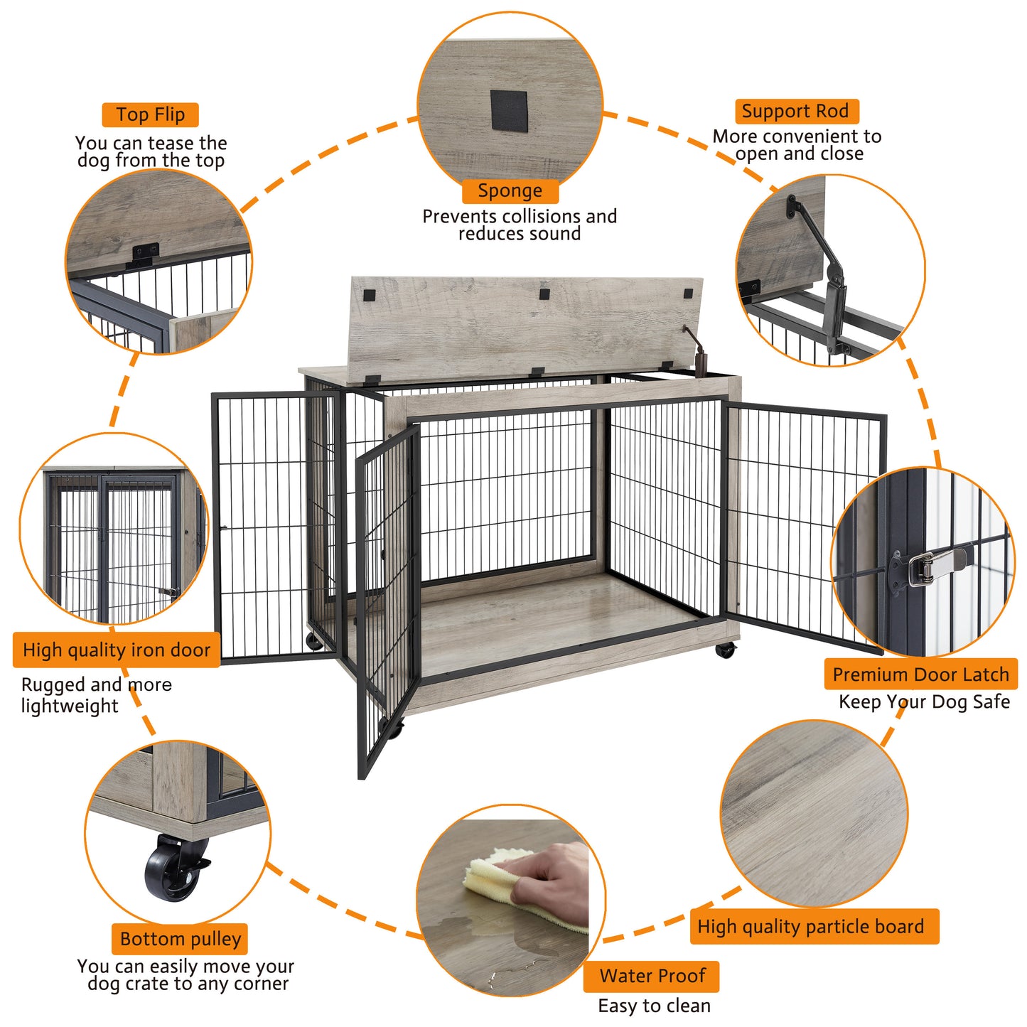 Furniture Style Dog Crate Side Table on Wheels: Double Doors, Lift Top | Grey, 43.7" W x 30" D x 31.1" H