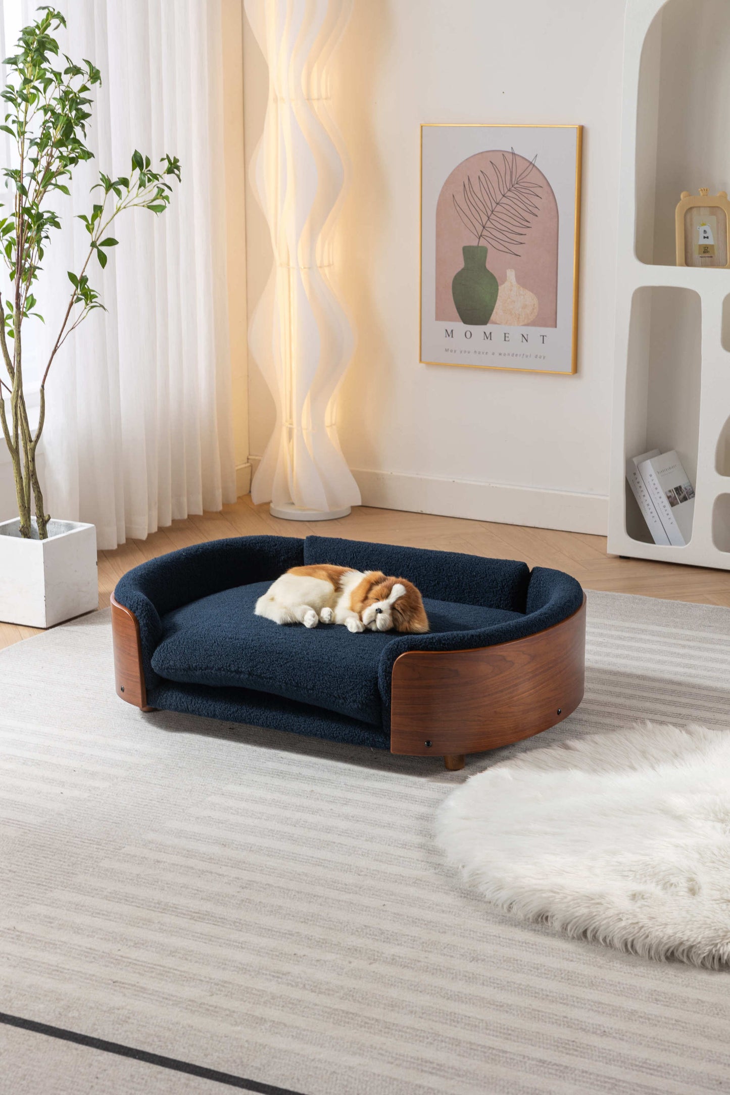 Scandinavian Style Elevated Dog Bed Pet Sofa with Solid Wood Legs, Walnut Bent Wood Back, Cashmere Cushion - Large Size