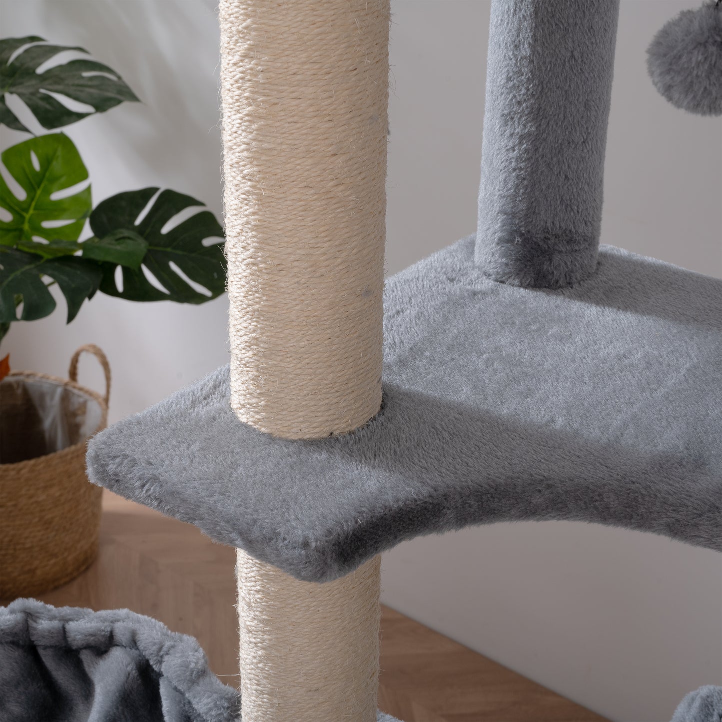 105-Inch Cat Tower for Indoor Cats, Multi-Level Cat Condo with Perches, Caves, Basket, and Scratching Board - Gray Color