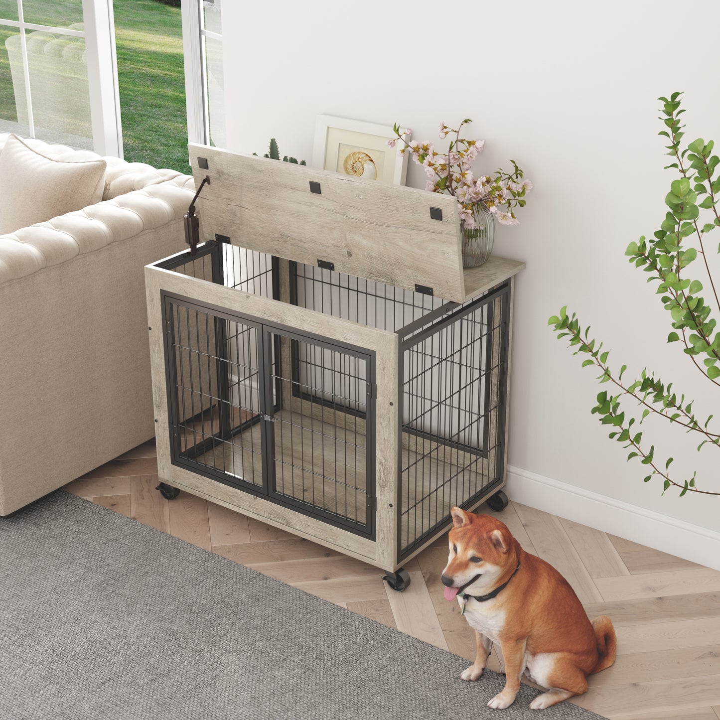 Furniture Dog Cage Crate with Double Doors on Casters - Grey, 31.50'' W x 22.05'' D x 24.8'' H: Stylish and Functional Pet Enclosure with Easy Mobility