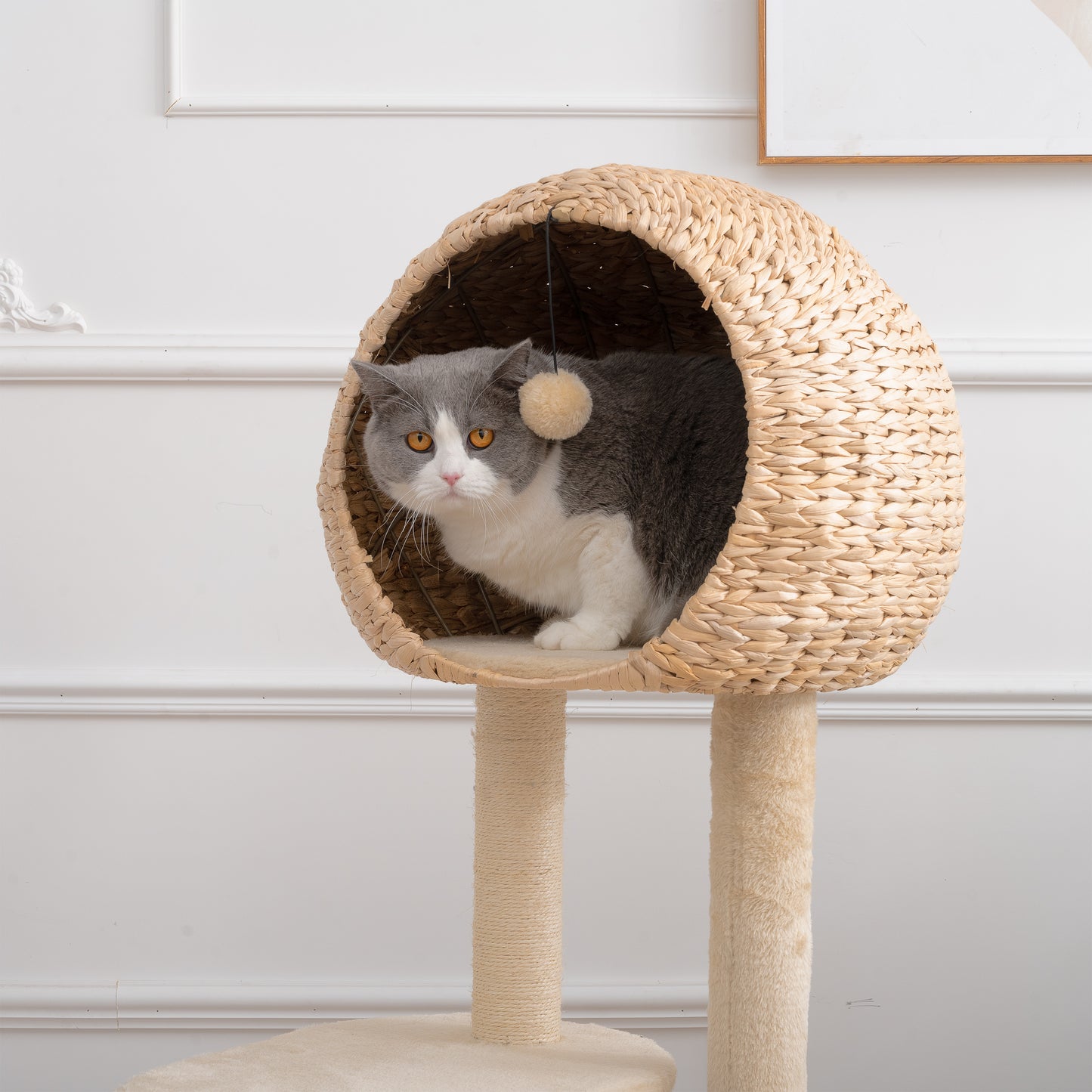 59-Inch Cat Tower for Indoor Cats, Plush Multi-Level Cat Condo with 2 Perches, 2 Caves, Cozy Basket and Scratching Board, Beige