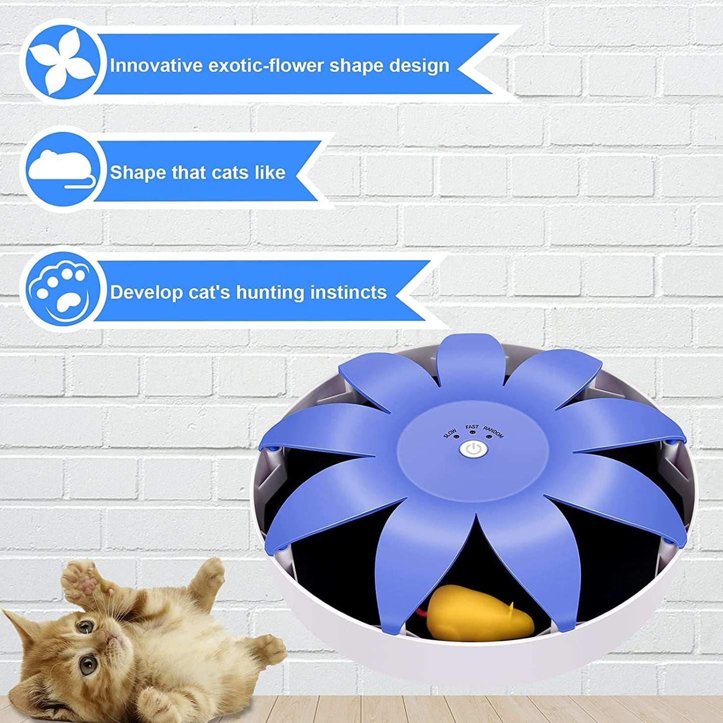 FluffyDream Electric Magnetic Spinning Cat Toy, Interactive Exercise Teaser with Emulational Mouse, Fluffy Tails, for Indoor Cats, Pets - 9.65” x 9.65” x 2.36”