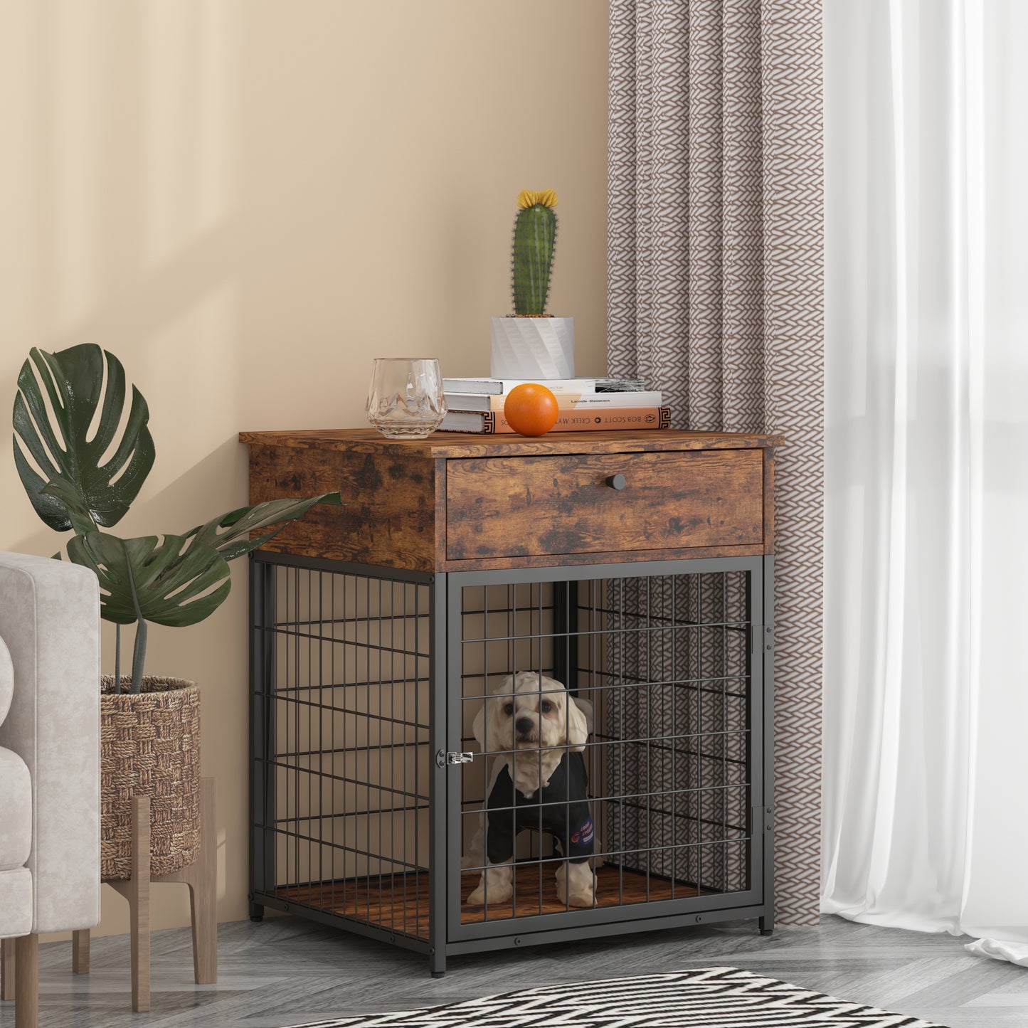 Furniture Style Wood Dog Crate End Table with Storage Console - Rustic Brown, 19.69'' W x 22.83'' D x 26.97'' H: Stylish and Functional Dog Crate End Table with Storage Console in Rustic Brown - Ideal for Your Canine Companion