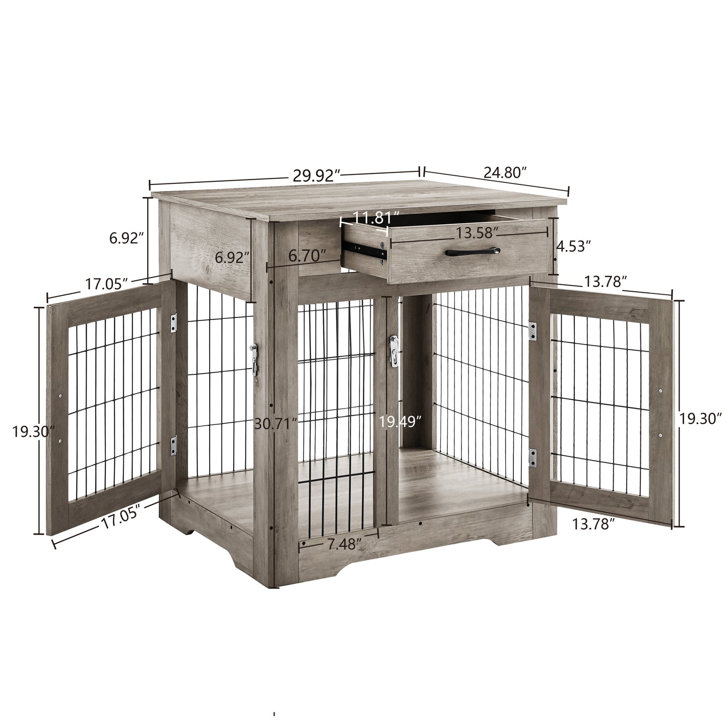 Furniture Style Dog Crate End Table with Drawer, Pet Kennels - Double Doors, Indoor Dog House - Grey, 29.9'' W x 24.8'' D x 30.71'' H