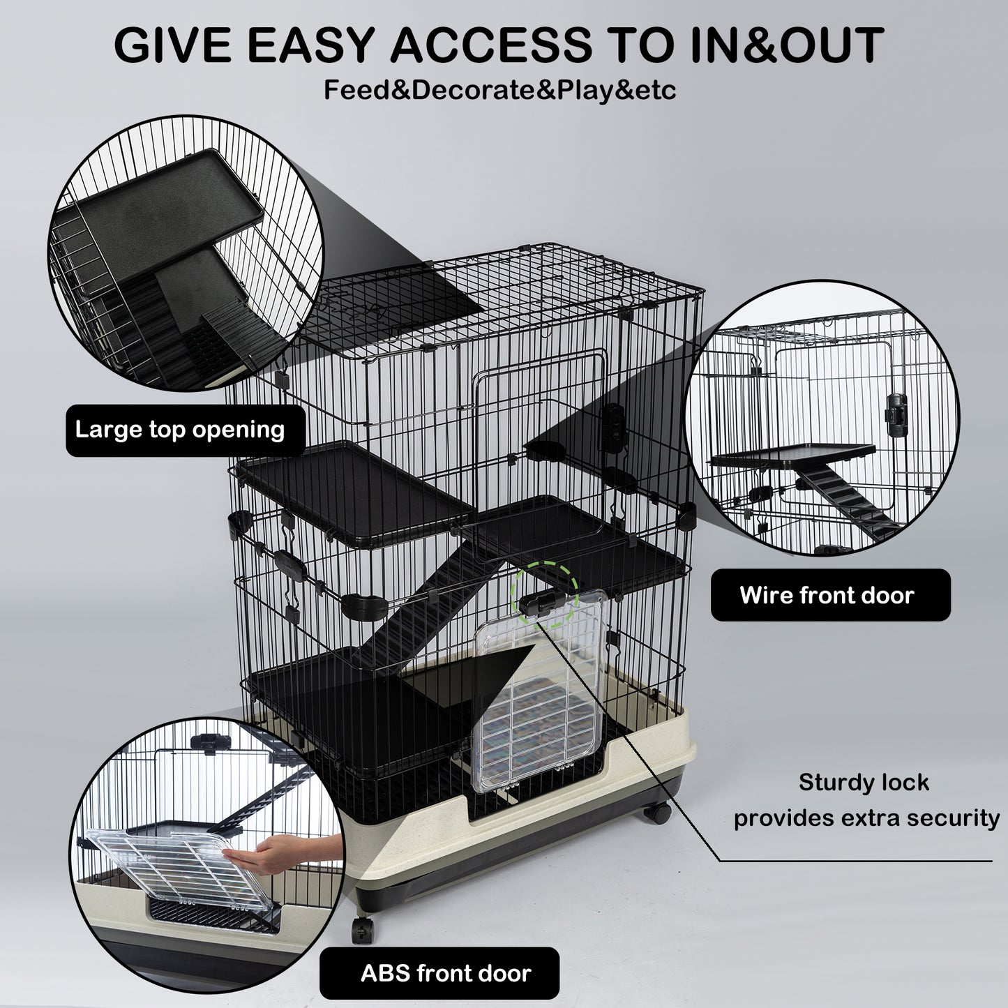 4-Tier 32" Small Animal Cage, Height Adjustable with Lockable Casters, Grilles & Pull-out Tray for Rabbit, Chinchilla, Ferret, Bunny, Guinea Pig, Squirrel, Hedgehog - Black