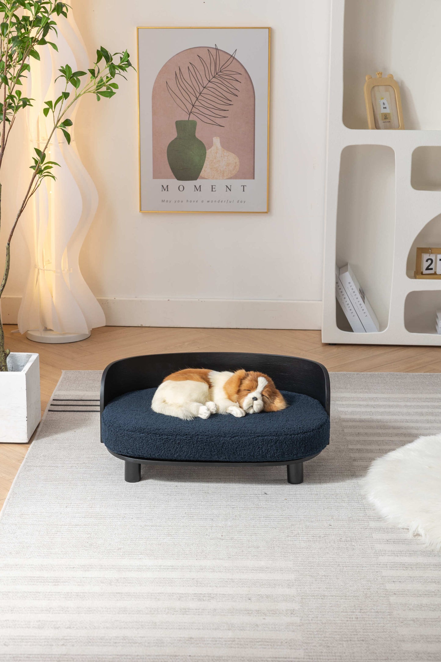 Scandinavian Style Elevated Dog Bed Pet Sofa with Solid Wood Legs and Bent Wood Back, Velvet Cushion, Black