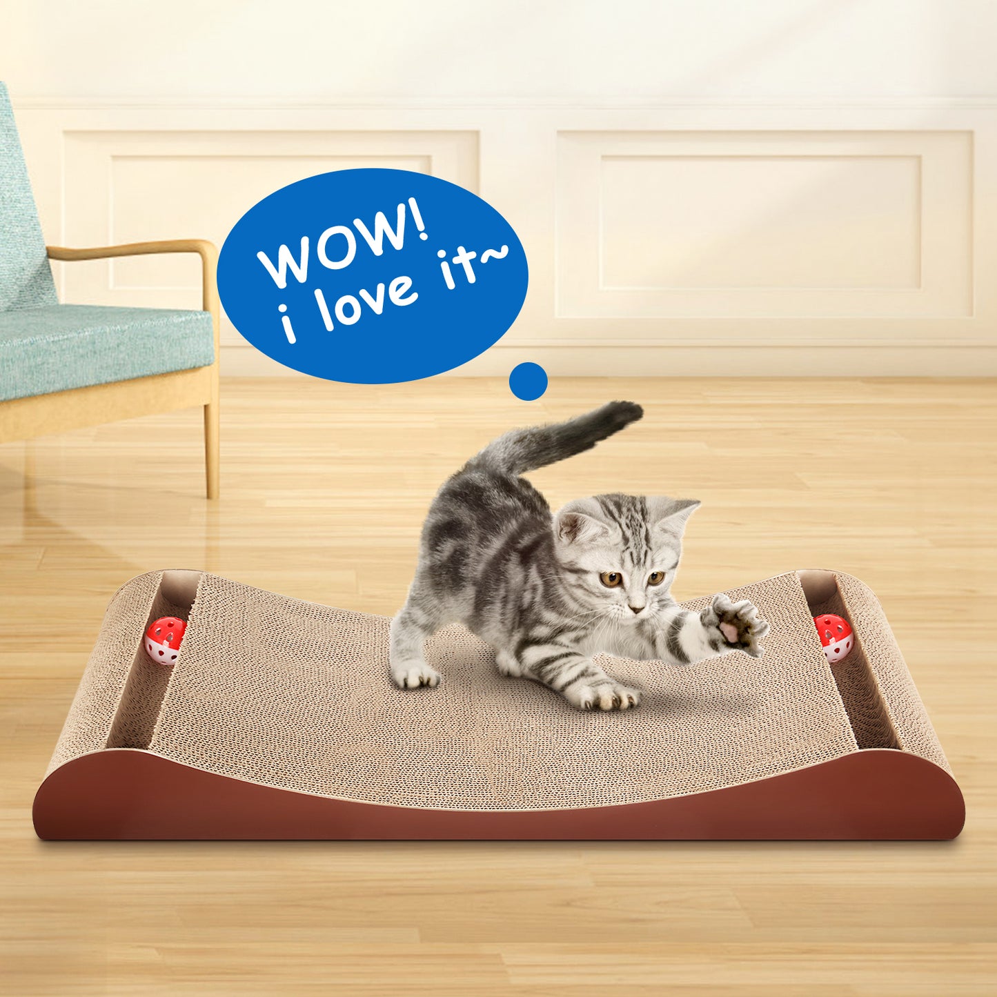 "Cat Scratcher Cardboard Lounge Bed with Bell Ball Toy - Durable, Interactive, and Cozy for Your Feline Companion - Available in Various Sizes and Colors"