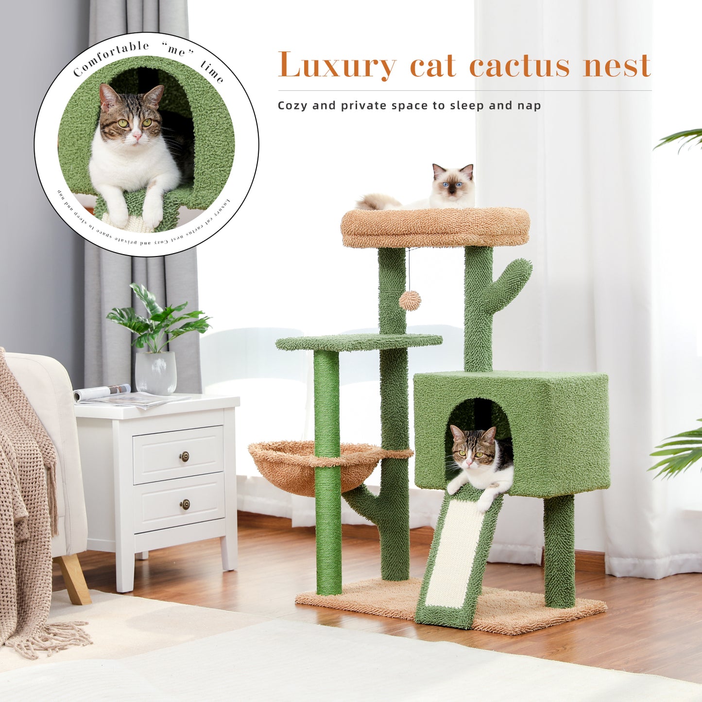 41" Cactus Cat Tower with Scratching Post, Condo, Perch & Hammock - Multi-Level Indoor Cat Play House