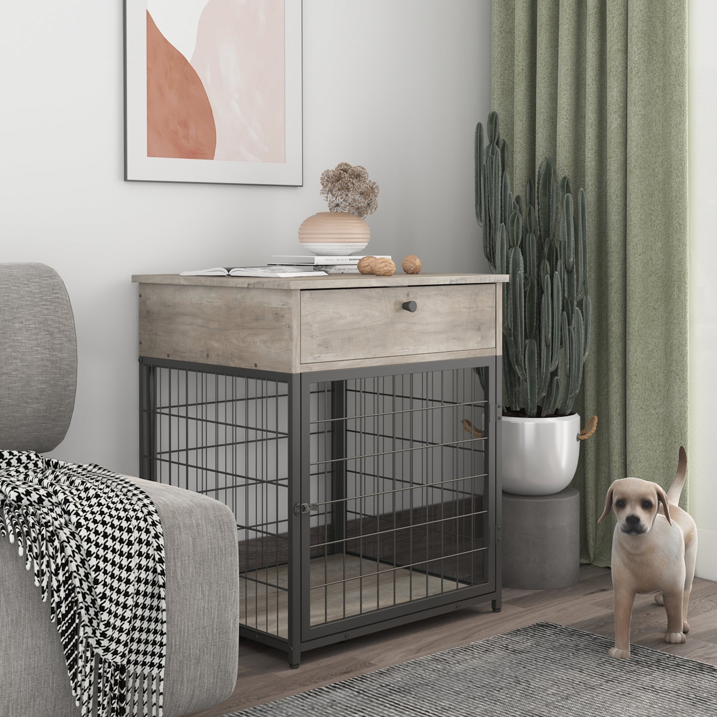 Furniture Style Wood Dog Crate End Table with Storage Console - Grey, 19.69'' W x 22.83'' D x 26.97'' H: Stylish and Functional Pet Crate with Ample Storage Space