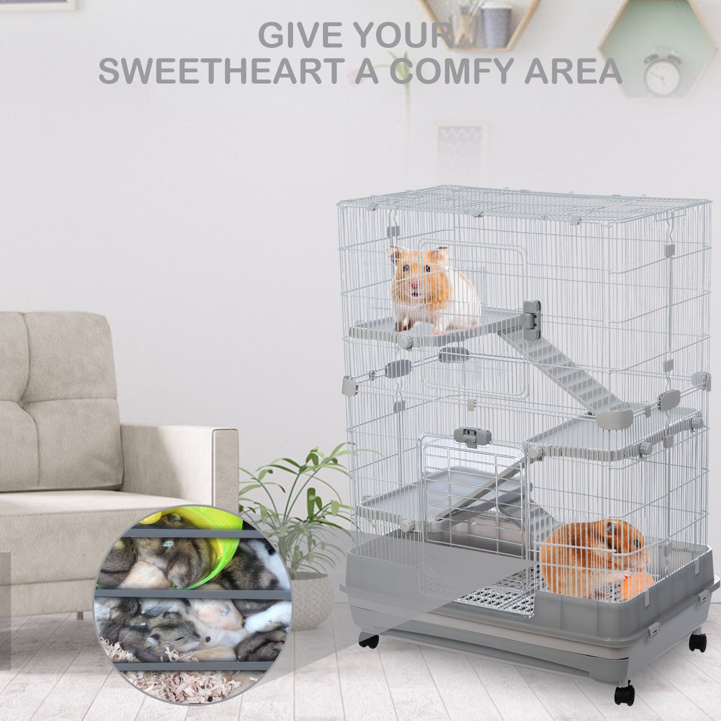 4-Tier 32" Small Animal Metal Cage | Height Adjustable, Lockable Top-Openings | Removable for Rabbit Chinchilla Ferret Bunny Guinea Pig | Suitable for Hamsters | Grey