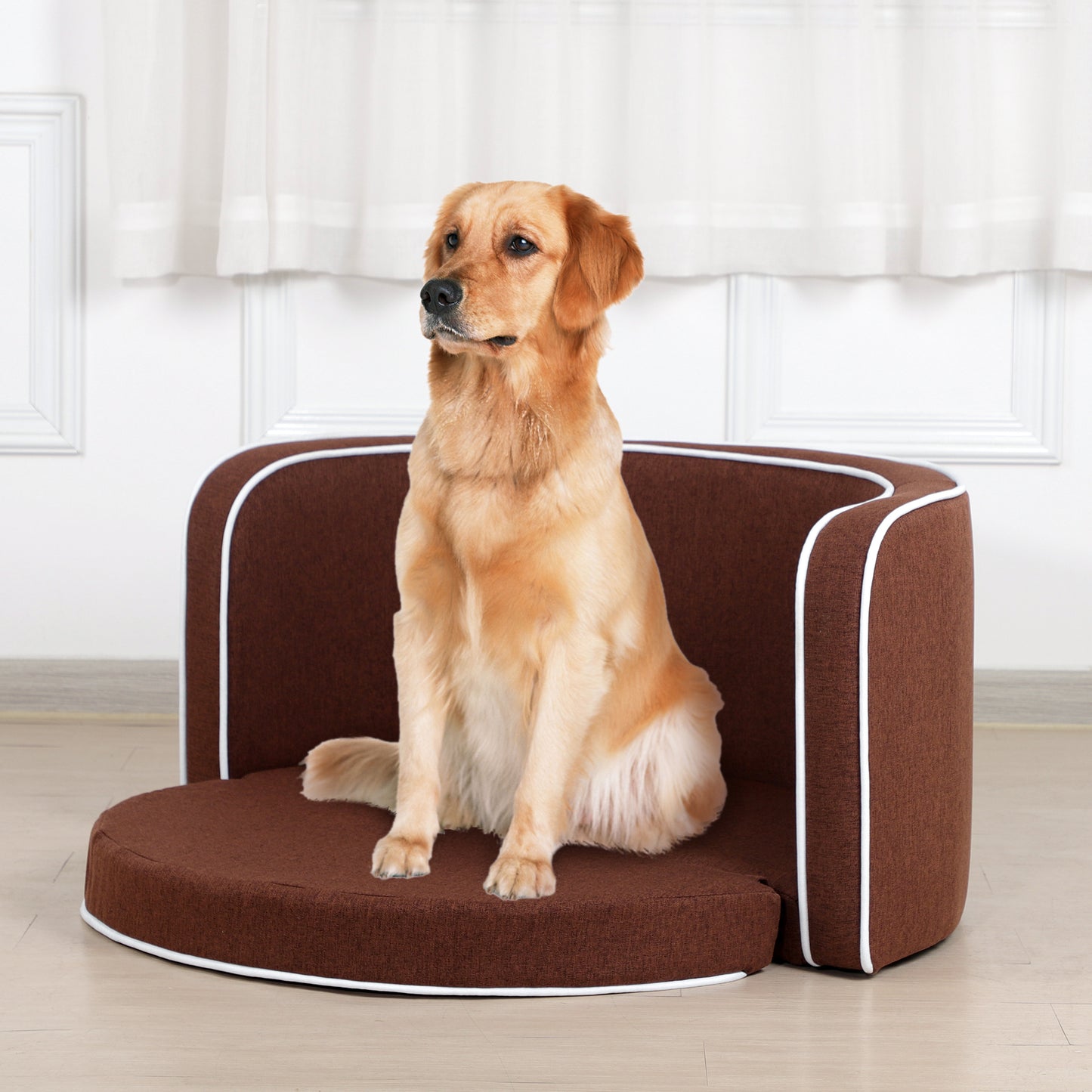 35" Brown Pet Sofa with Wooden Structure, Linen Goods, White Roller Lines, Curved Appearance & Cushion