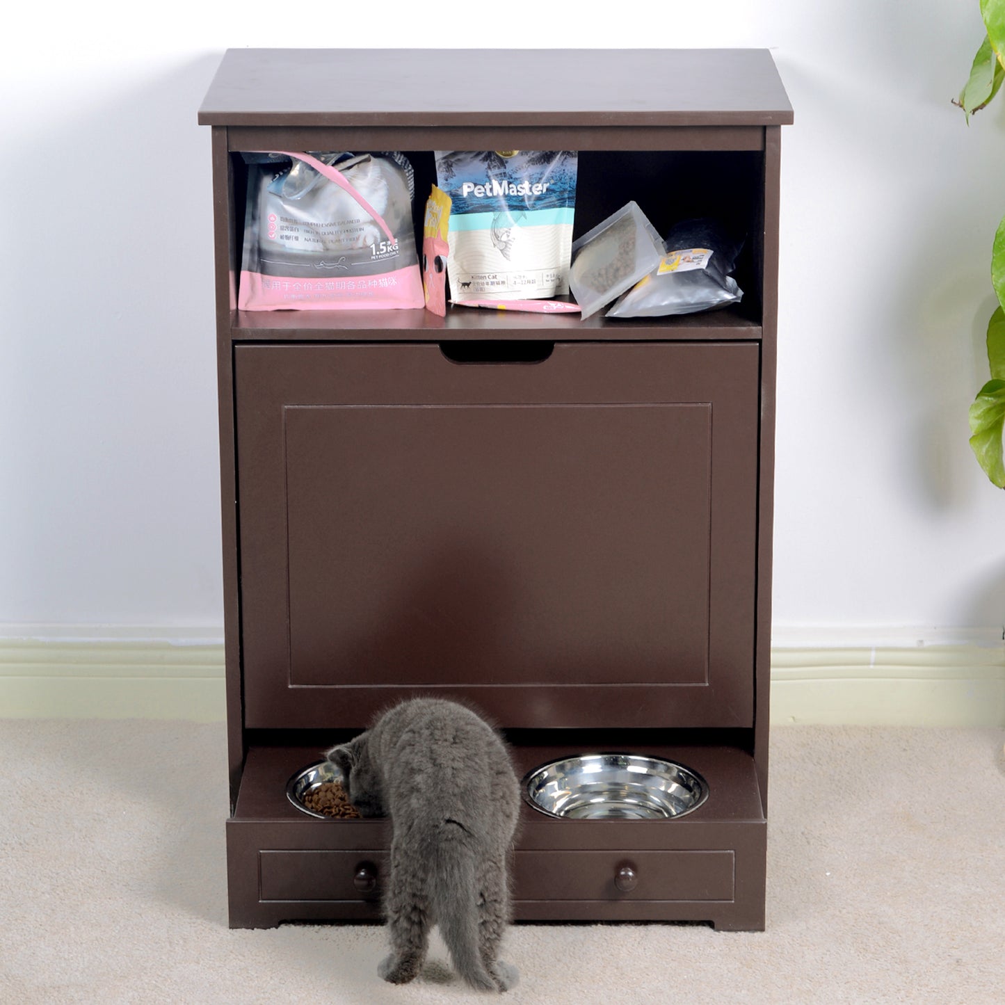 Pet Feeder Station with Storage, MDF & Waterproof Painted, Dog & Cat Feeder Cabinet, Stainless Bowl