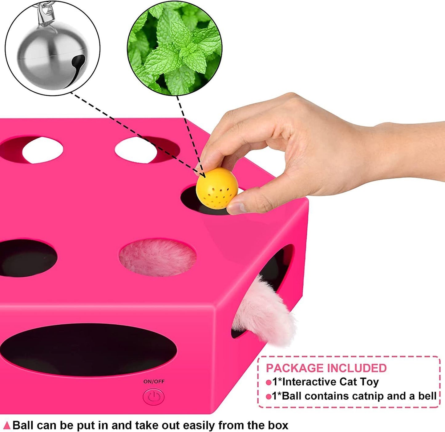 FluffyDream Interactive Cat Maze Box Toy: Electrical Exercise Teaser with Plush Tail & Ball, Bells, Fluffy Toys - Indoor Cats, Pets, Kitten, Kitty - Pink