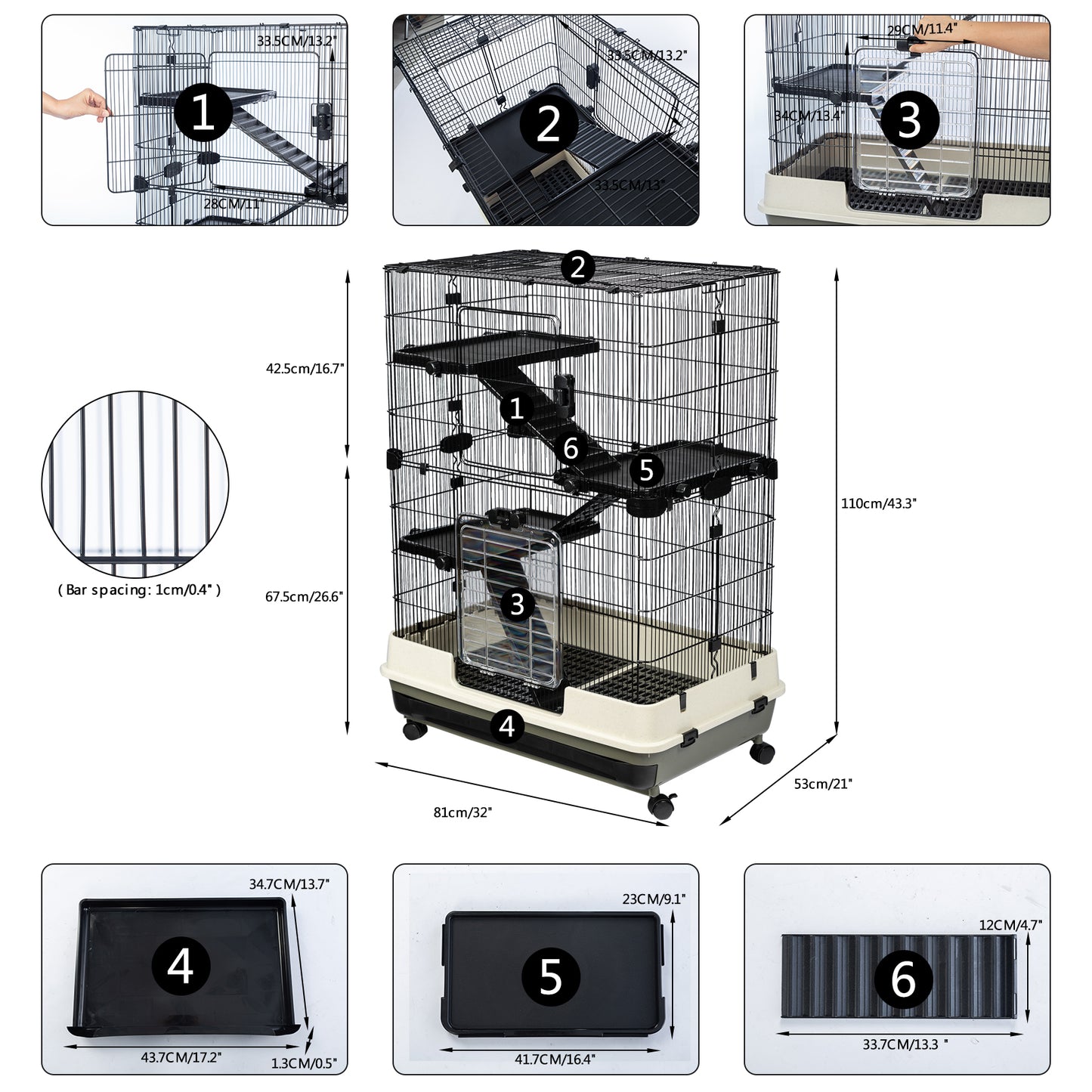 4-Tier 32" Small Animal Metal Cage, Height Adjustable with Lockable Top-Openings, Removable for Rabbit Chinchilla Ferret Bunny Guinea Pig, Black