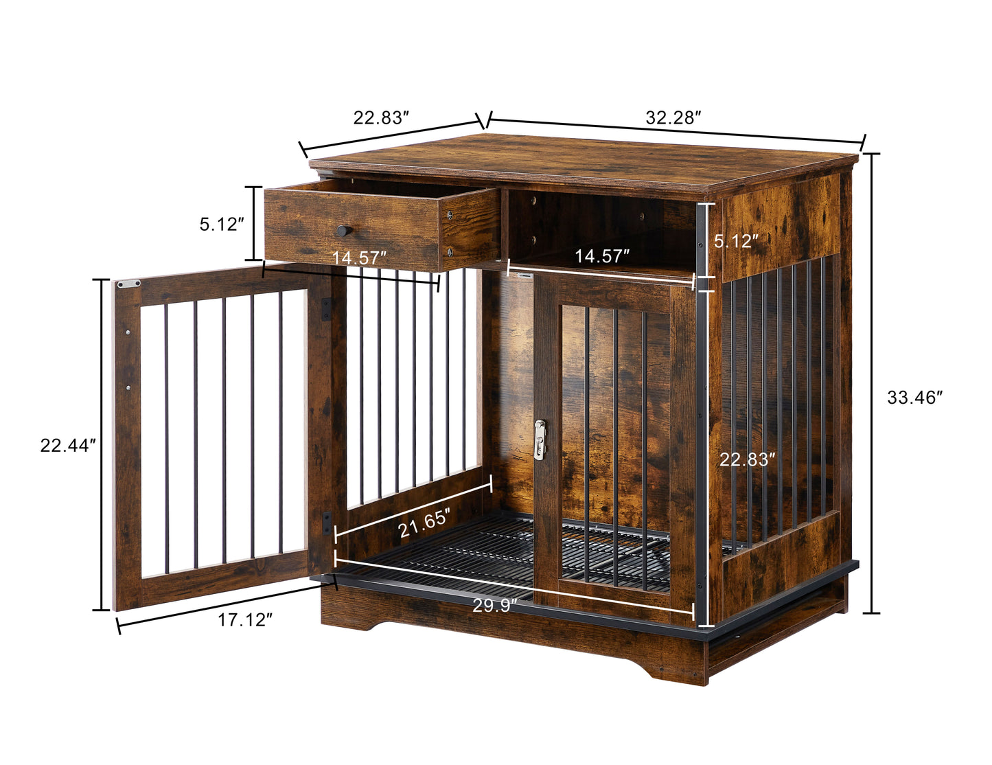 Furniture Dog Crate: Indoor Pet Crate End Tables, Decorative Wooden Kennels with Removable Trays - Rustic Brown, 32.3''W x 22.8''D x 33.5''H