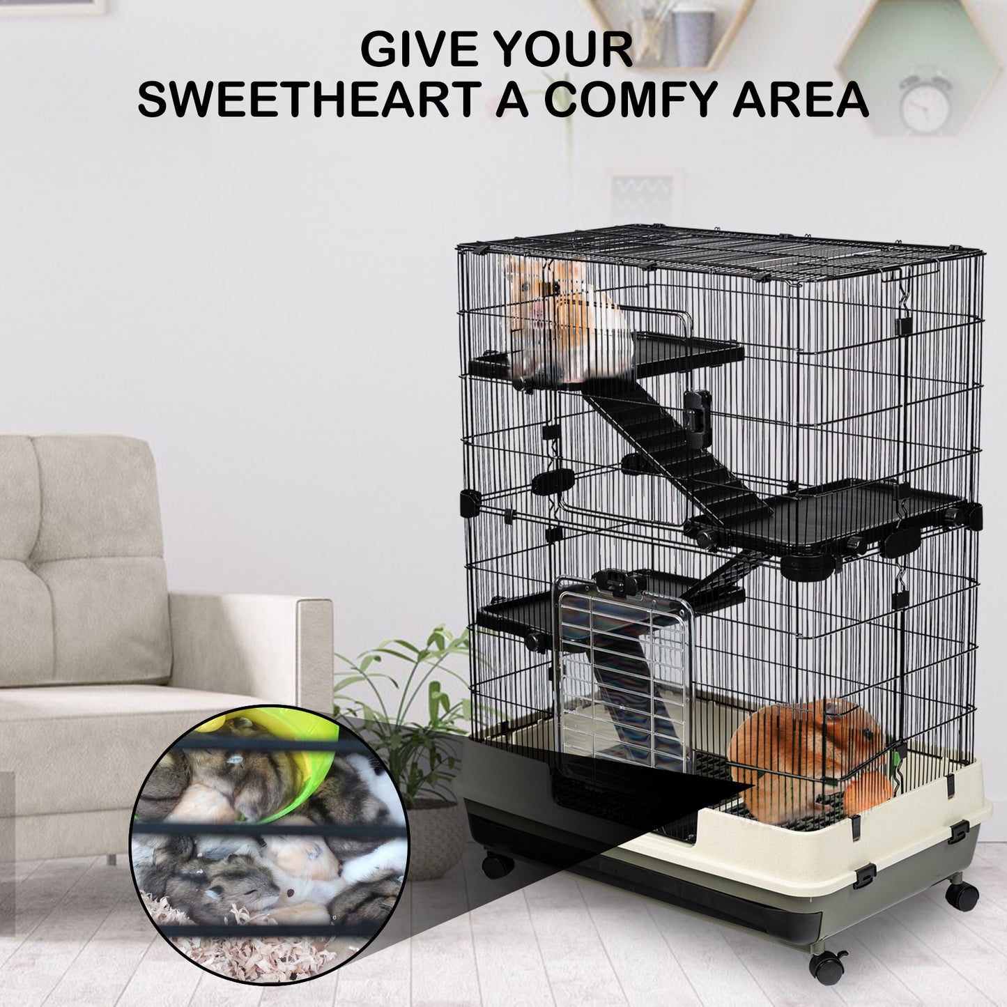 4-Tier 32" Small Animal Metal Cage, Height Adjustable with Lockable Top-Openings, Removable for Rabbit Chinchilla Ferret Bunny Guinea Pig, Black