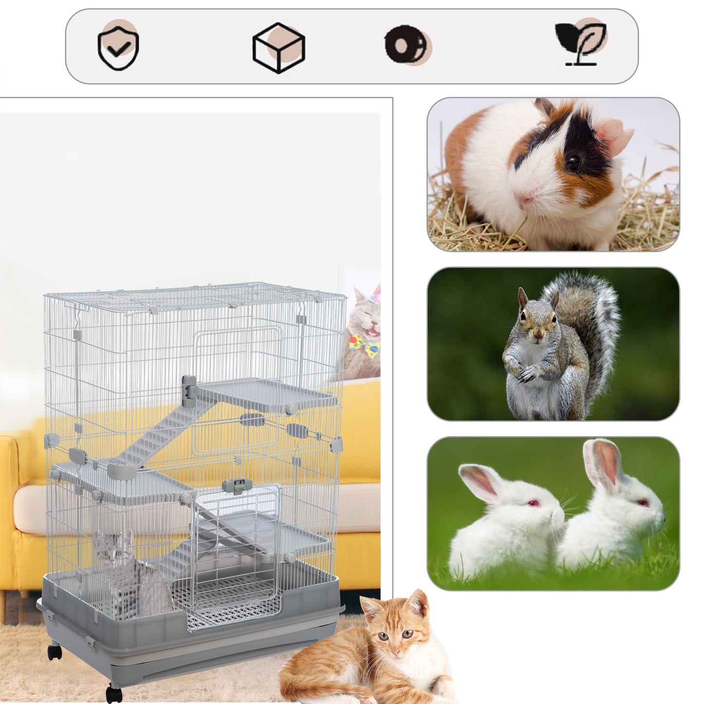 4-Tier 32" Small Animal Metal Cage | Height Adjustable, Lockable Top-Openings | Removable for Rabbit Chinchilla Ferret Bunny Guinea Pig | Suitable for Hamsters | Grey