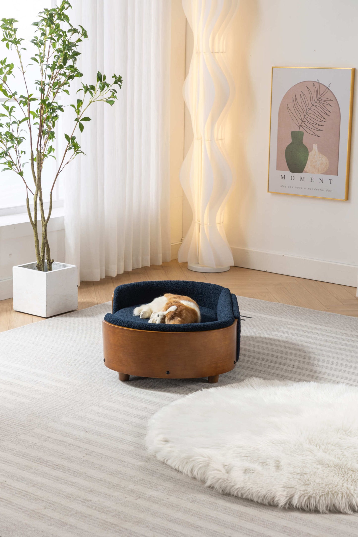 Scandinavian Style Elevated Dog Bed Sofa | Solid Wood Legs | Walnut Bent Wood Back | Cashmere Cushion | Mid Size